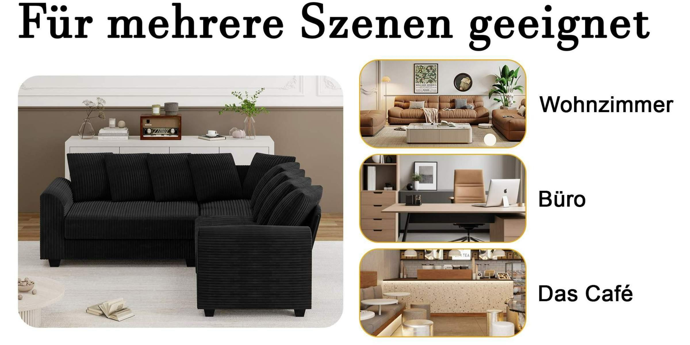 Bild zeigt das schwarze L-förmige Sofa in verschiedenen Umgebungen: Wohnzimmer, Büro und Café.
