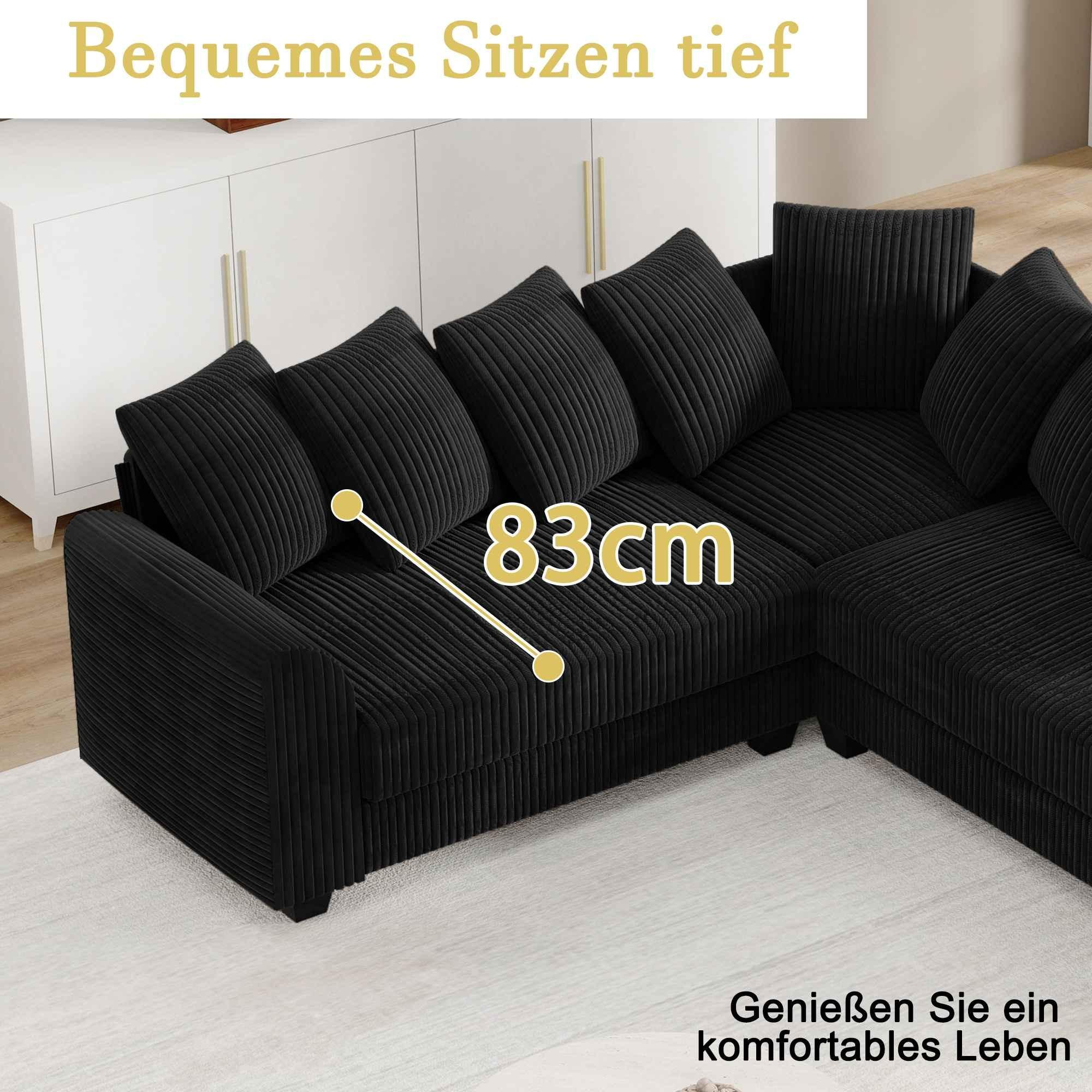 Schwarzes Ecksofa mit Textaufschrift 83cm. Bequemes Sitzen ist tief.