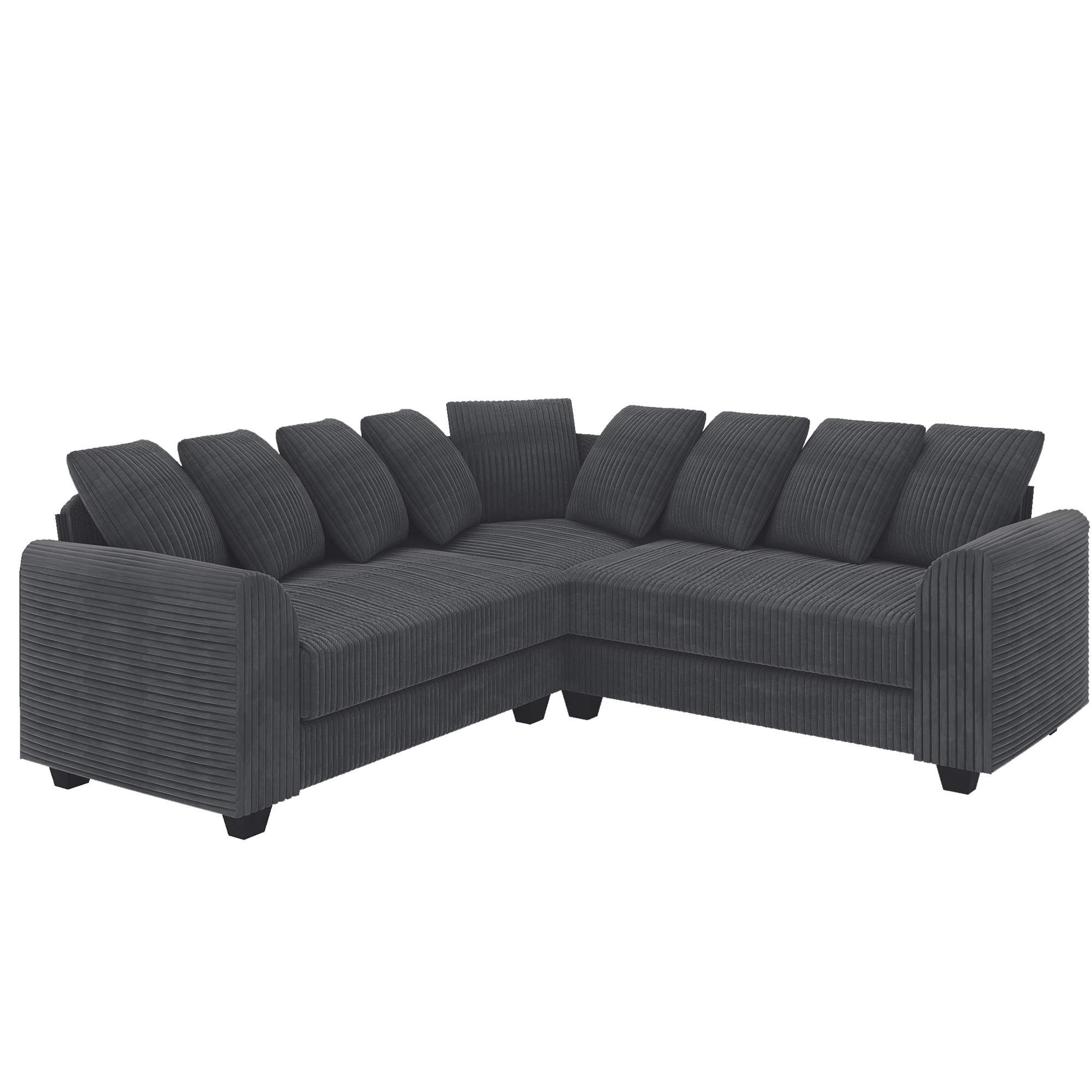 Dunkelgraues Ecksofa mit vielen Kissen. Es hat ein modernes und schlichtes Design.