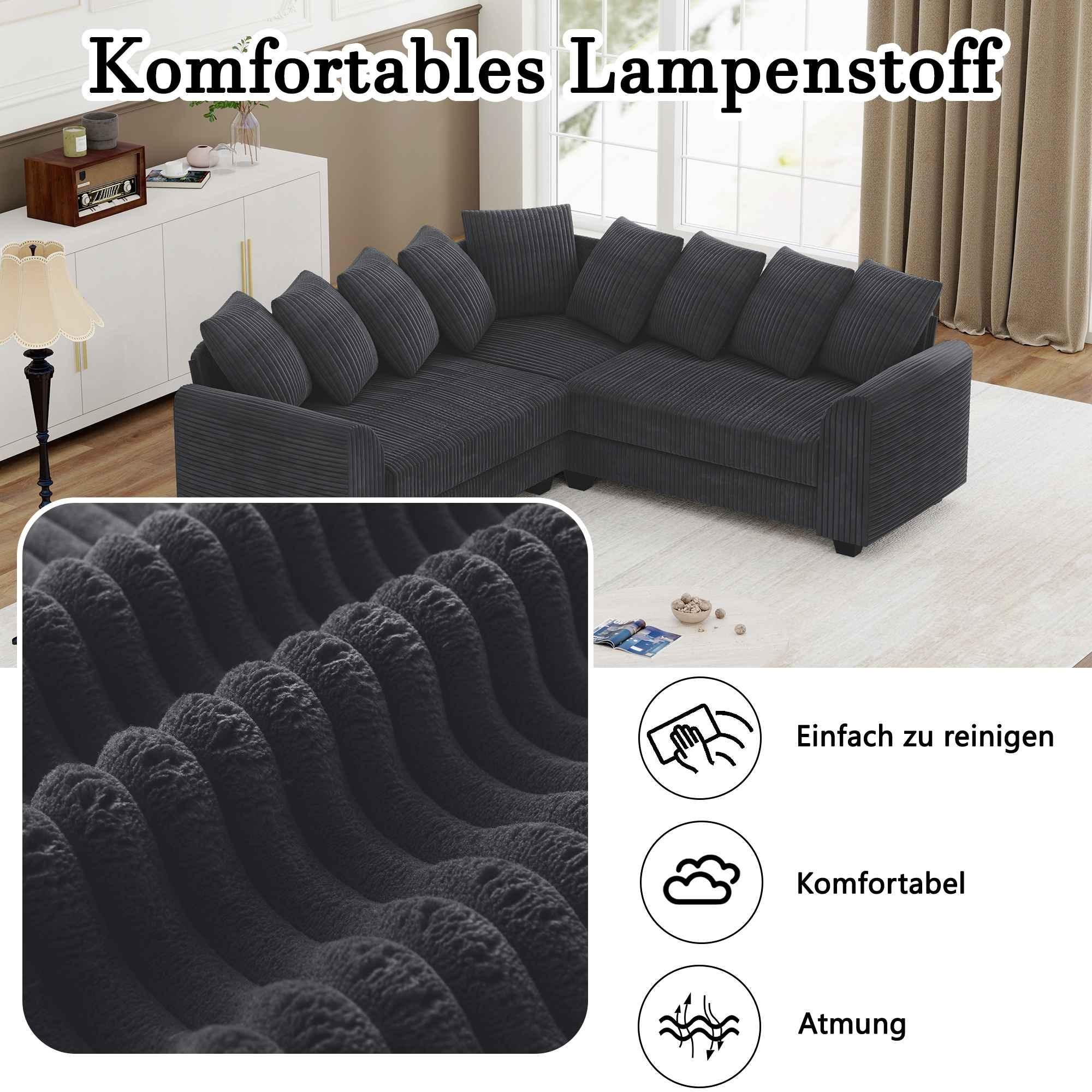 Dunkelgraues Ecksofa. Nahaufnahme des Stoffes mit Textur. Informatives Design, leicht zu reinigen.