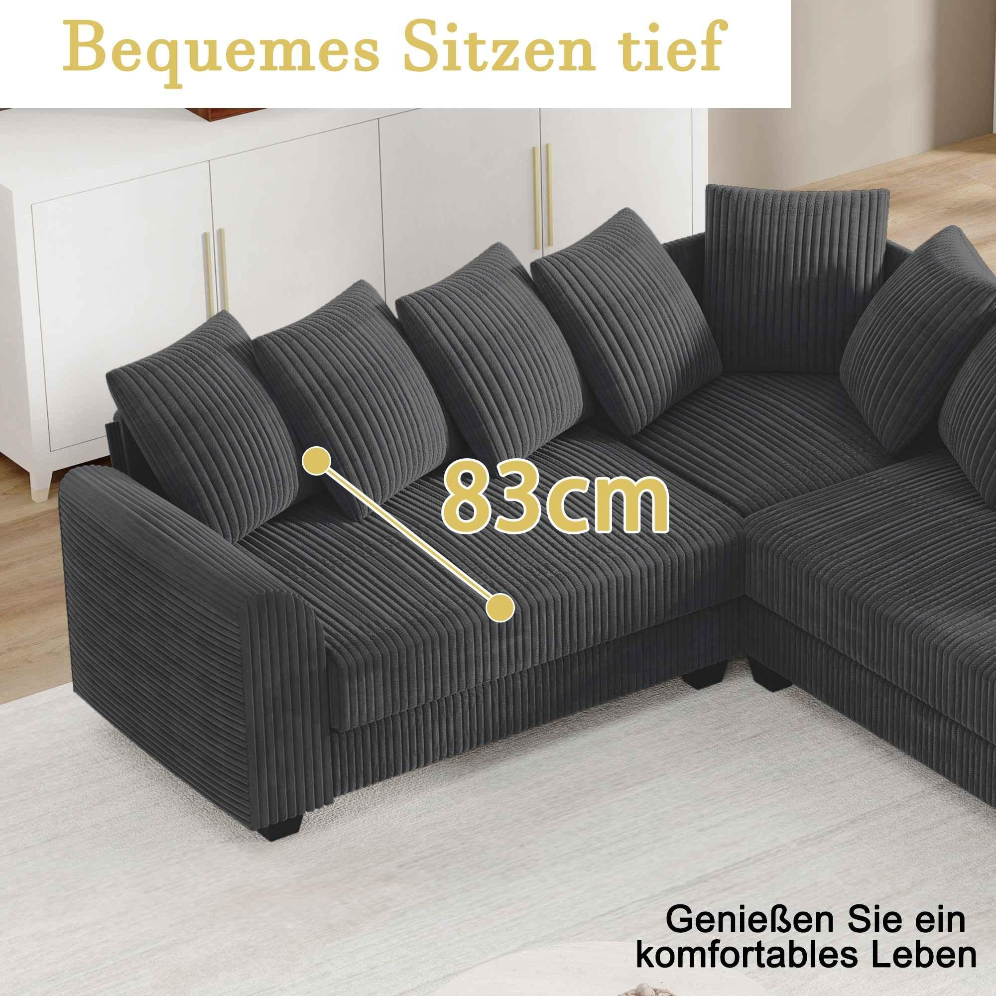 Dunkelgraues Ecksofa mit Textaufschrift 83cm. Bequemes Sitzen ist tief.