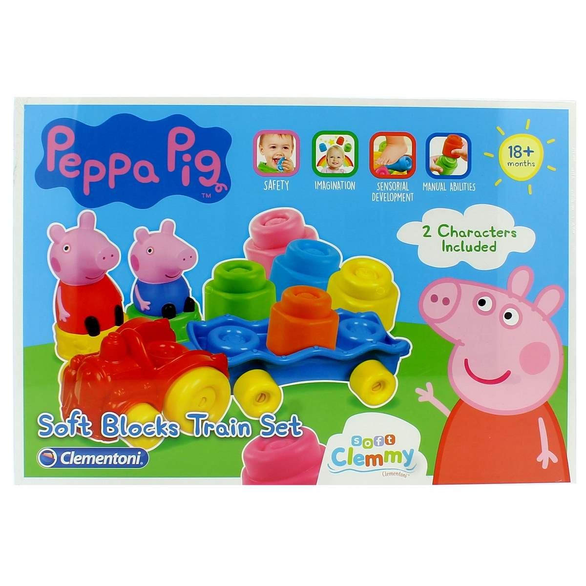 Scatola del set treno con blocchi morbidi di Peppa Pig. Include treno, blocchi e personaggi Peppa Pig.