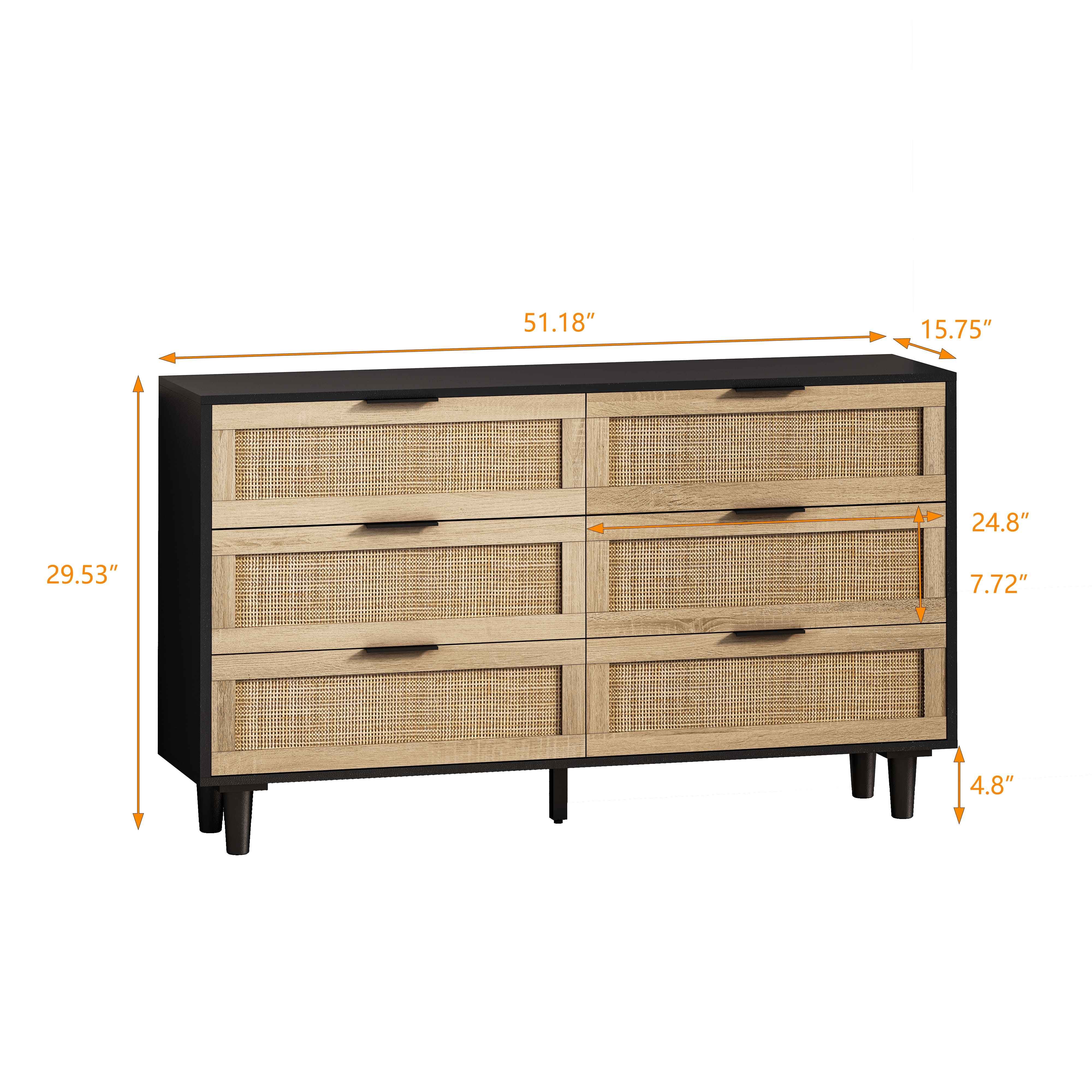 Ein langer Schrank mit sechs Schubladen. Das Bild zeigt die Abmessungen. Schubladen haben ein gewebtes Rattan-Design.
