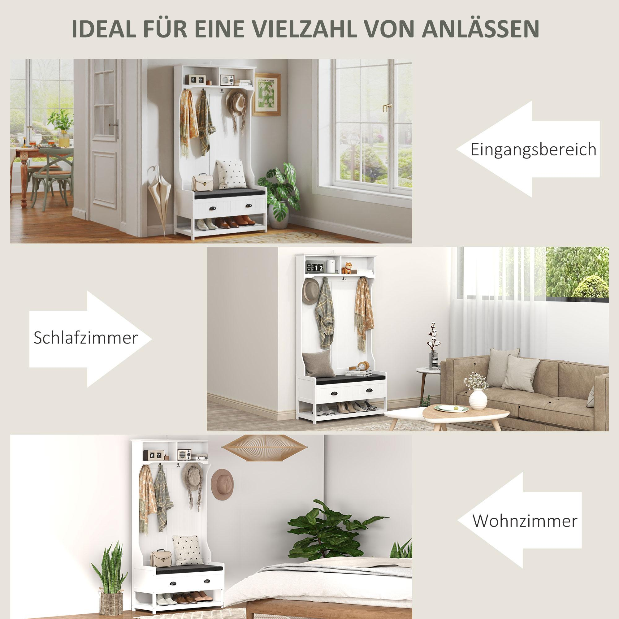 Ein weißes Eingangsmöbel an verschiedenen Orten, darunter Eingang, Schlafzimmer und Wohnzimmer.