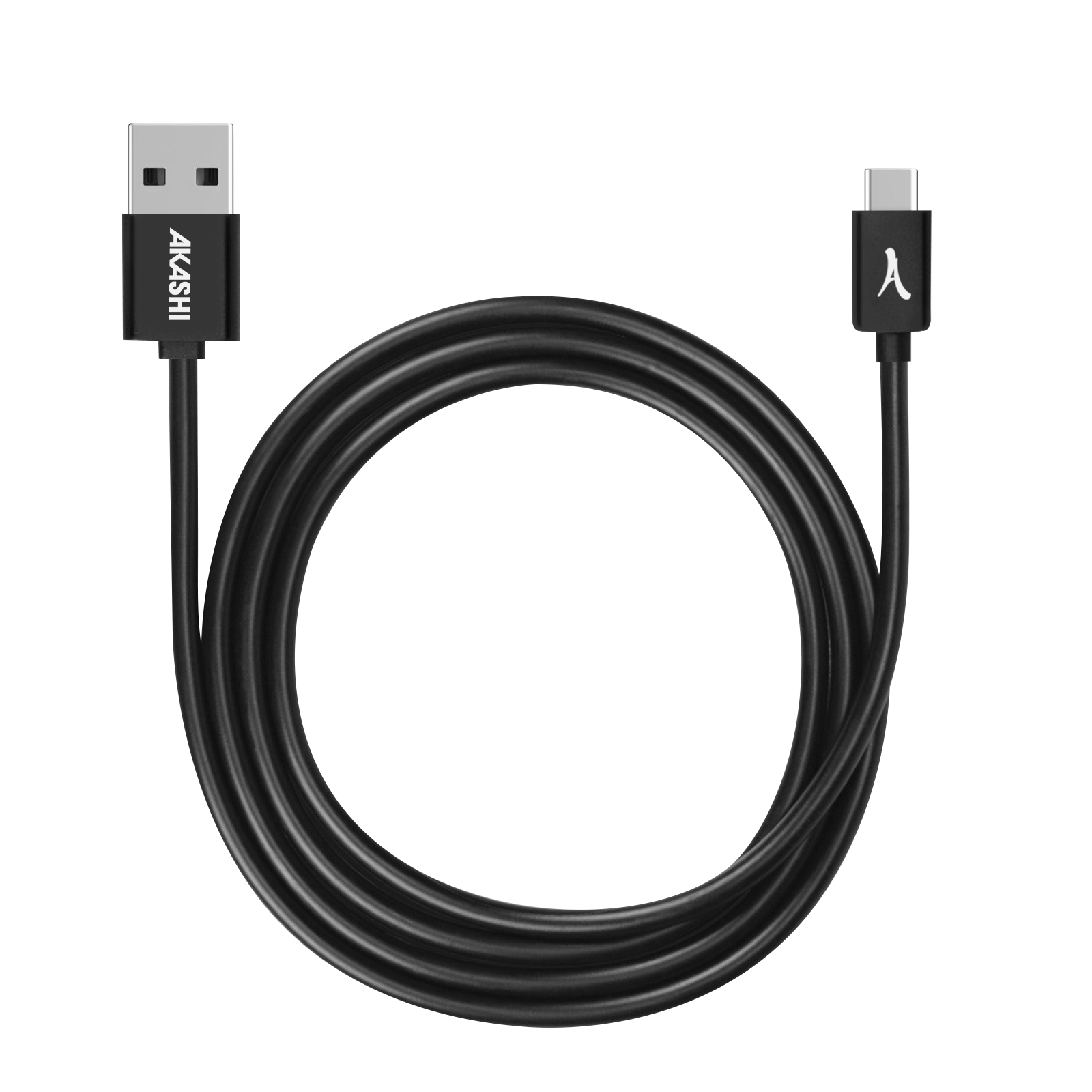 Cavo USB nero, a cerchio, con connettori USB-A e USB-C. Marca 'AKASHI'.
