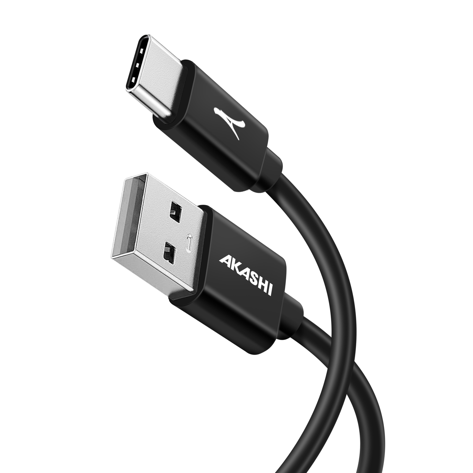 Cavo USB nero con connettori USB-A e USB-C. 'AKASHI' scritto sul cavo. Vista angolata.