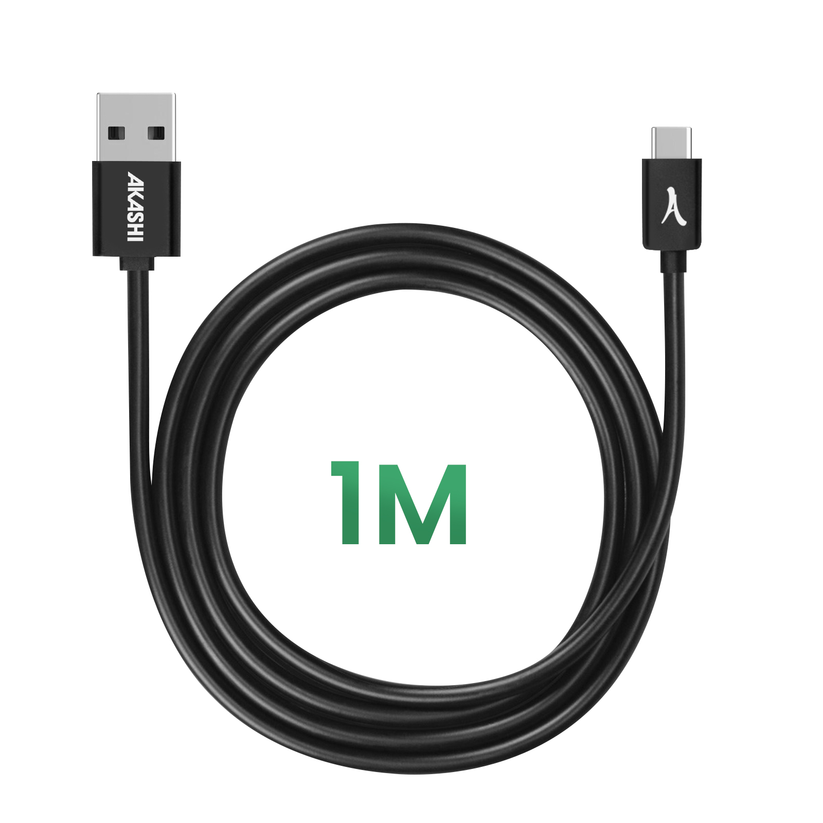 Cavo USB nero, con connettori USB-A e USB-C. Testo '1M' visibile. Marchio Akashi.