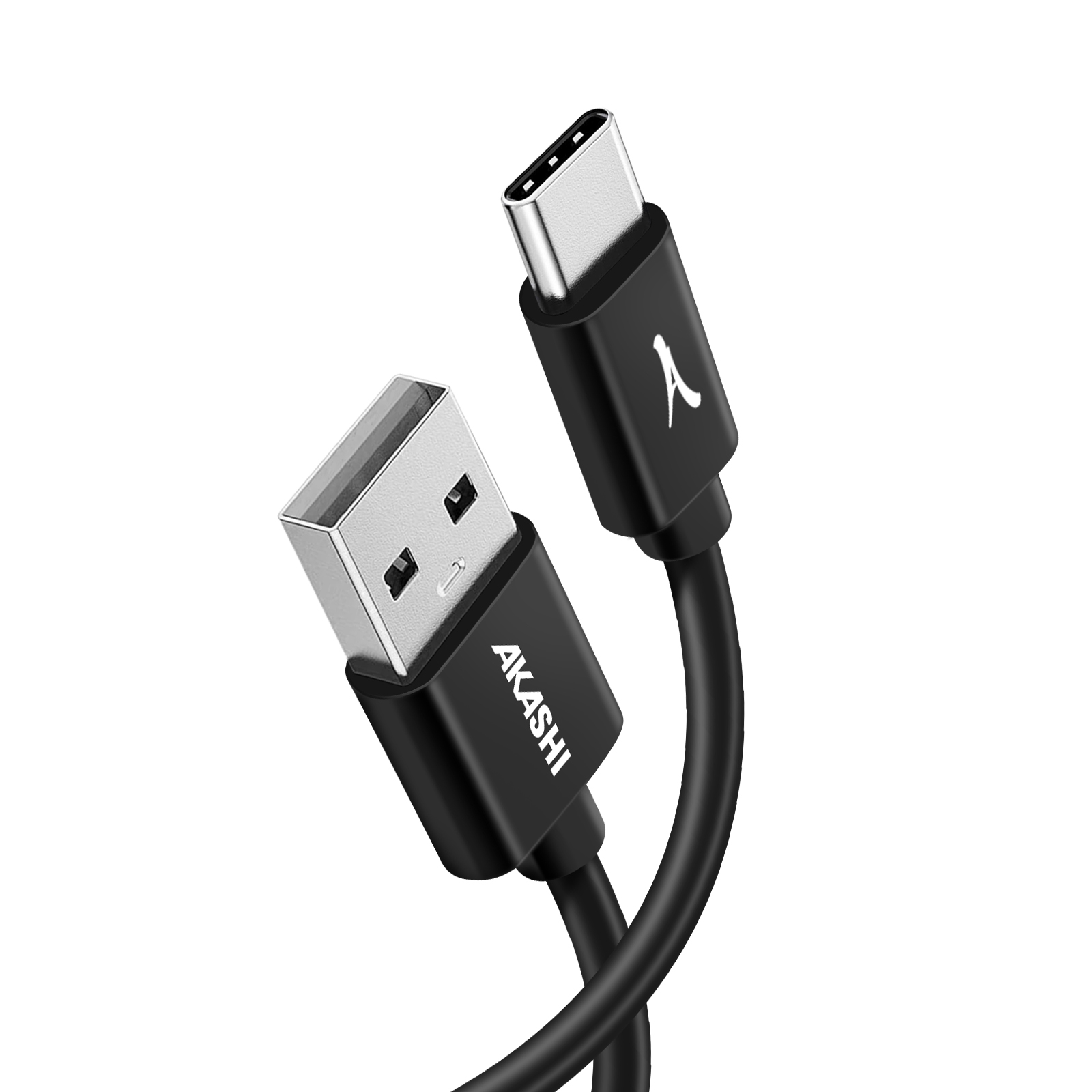 Un cavo da USB-C a USB-A nero, con il logo Akashi sul connettore USB-A.
