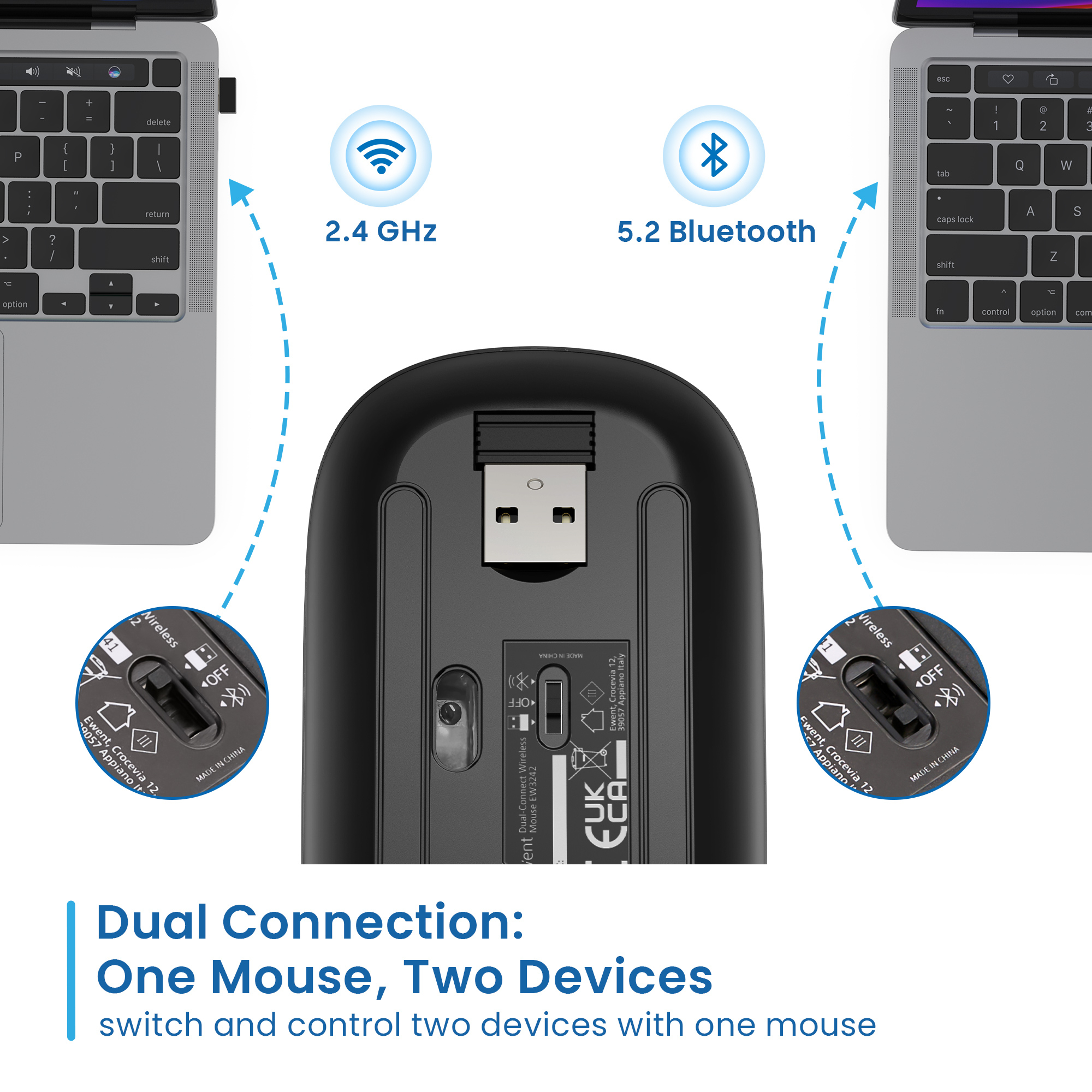 Een muis met twee apparaatverbindingen, met 2,4 GHz en 5,2 Bluetooth. Een muis en twee laptops.