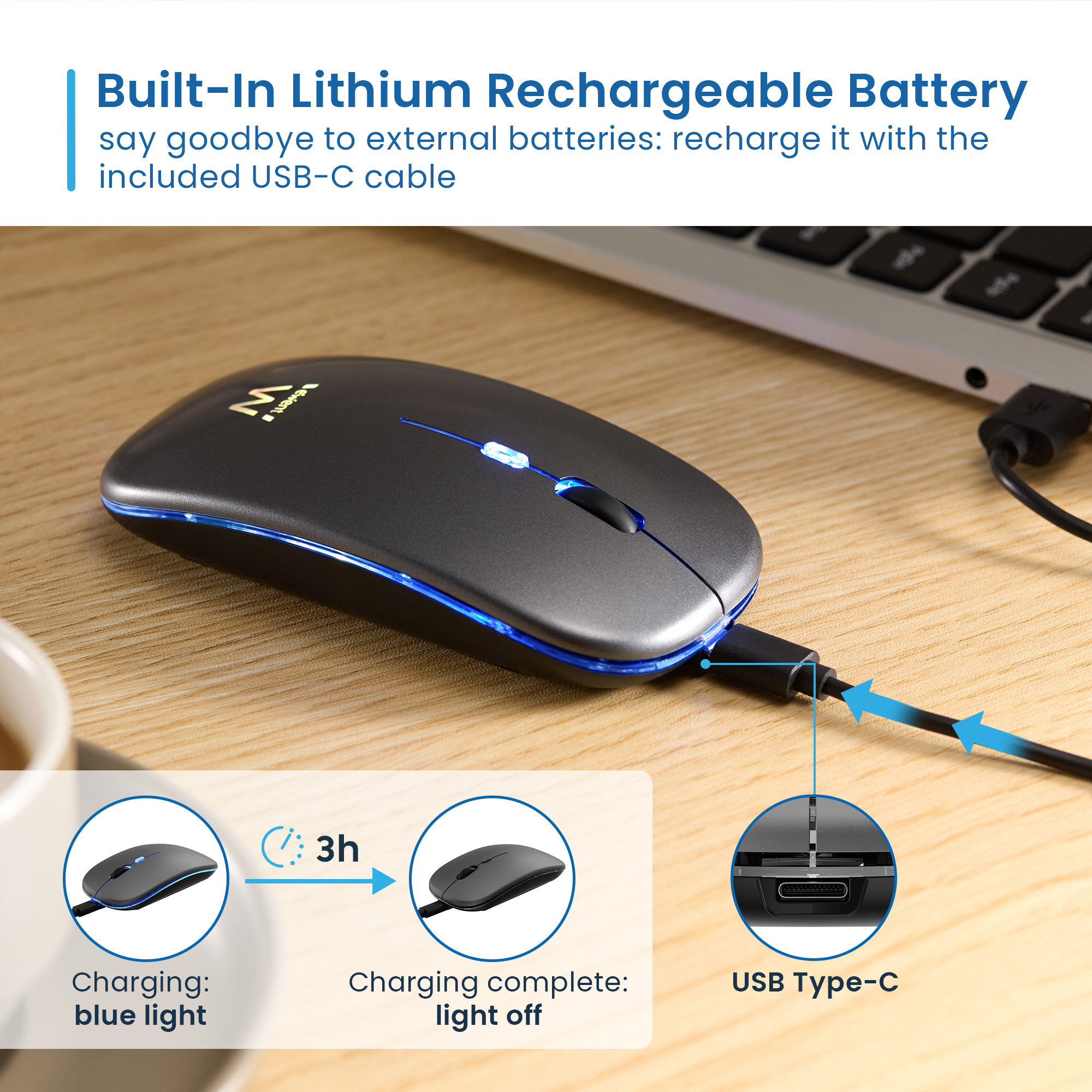 Een zwarte draadloze muis die oplaadt met een USB-C-kabel. Het oplaadproces wordt geïllustreerd met indicatoren en tekst.