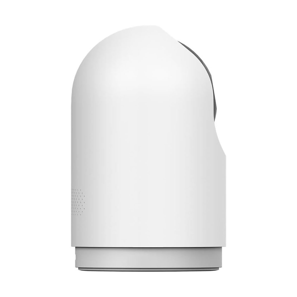 Biała kamera bezpieczeństwa z czarnym obiektywem i szarą podstawą. Jest umieszczona na białym tle.