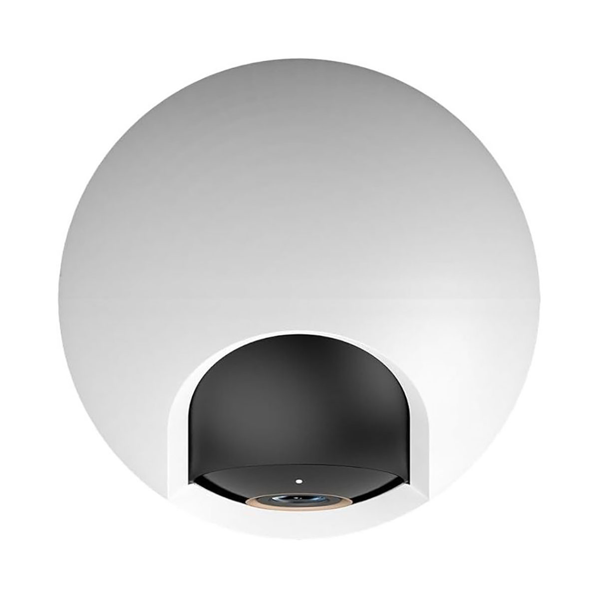 Biała, kulista kamera bezpieczeństwa z czarnym obiektywem na białym tle.