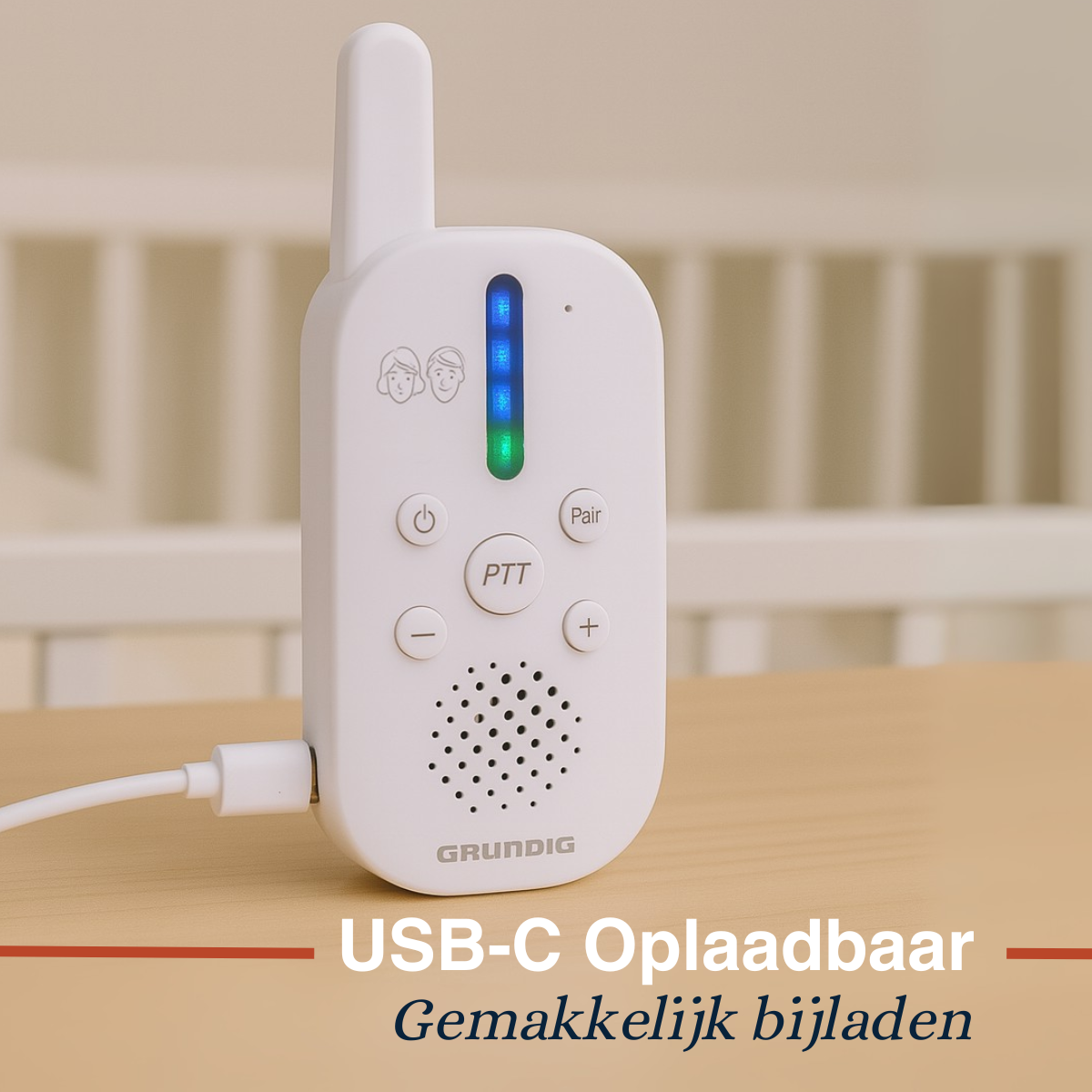 A white baby monitor with a USB-C cable, text at the bottom: USB-C Rechargeable.