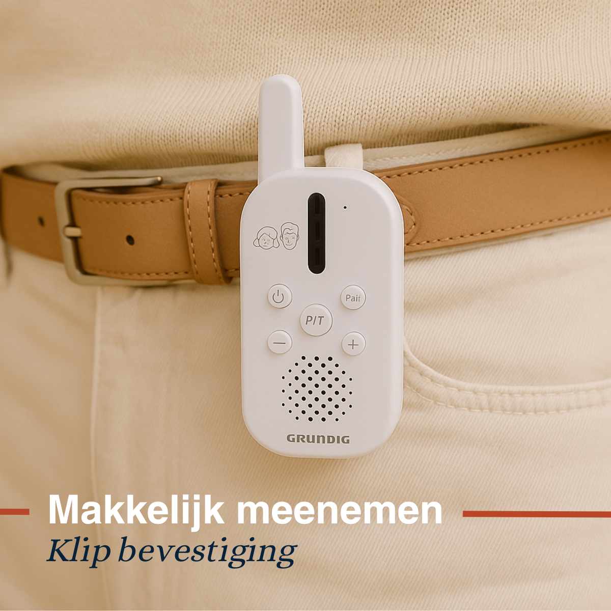 A white baby monitor clipped to pants, text at the bottom: Easy to carry, clip attachment.