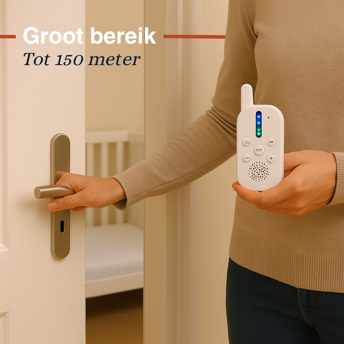 A person opening a white door, holding a white baby monitor. In the background is a crib.