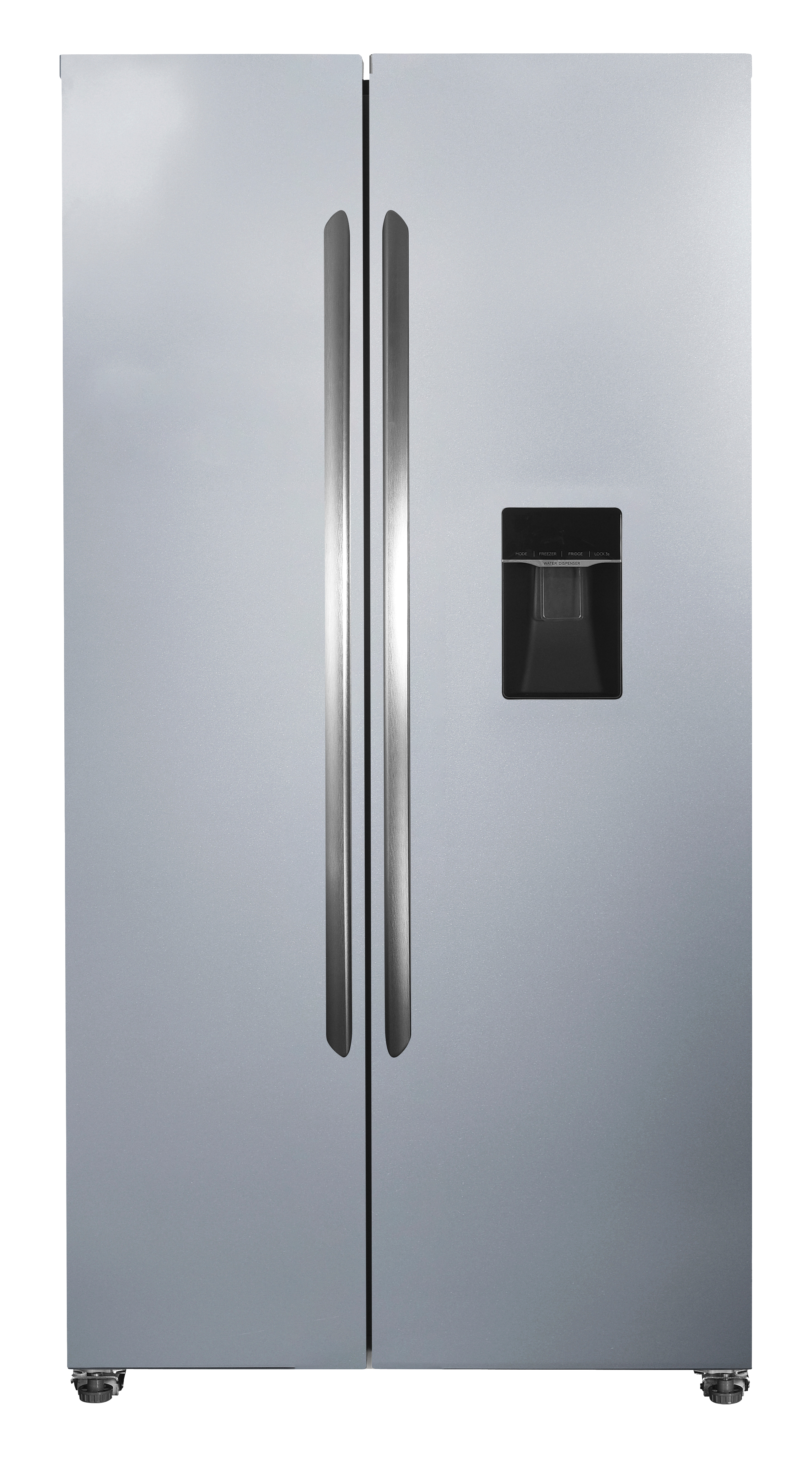 Ein Side-by-Side-Kühlschrank aus Edelstahl mit einem Wasserspender an der rechten Tür, vor einem weißen Hintergrund.