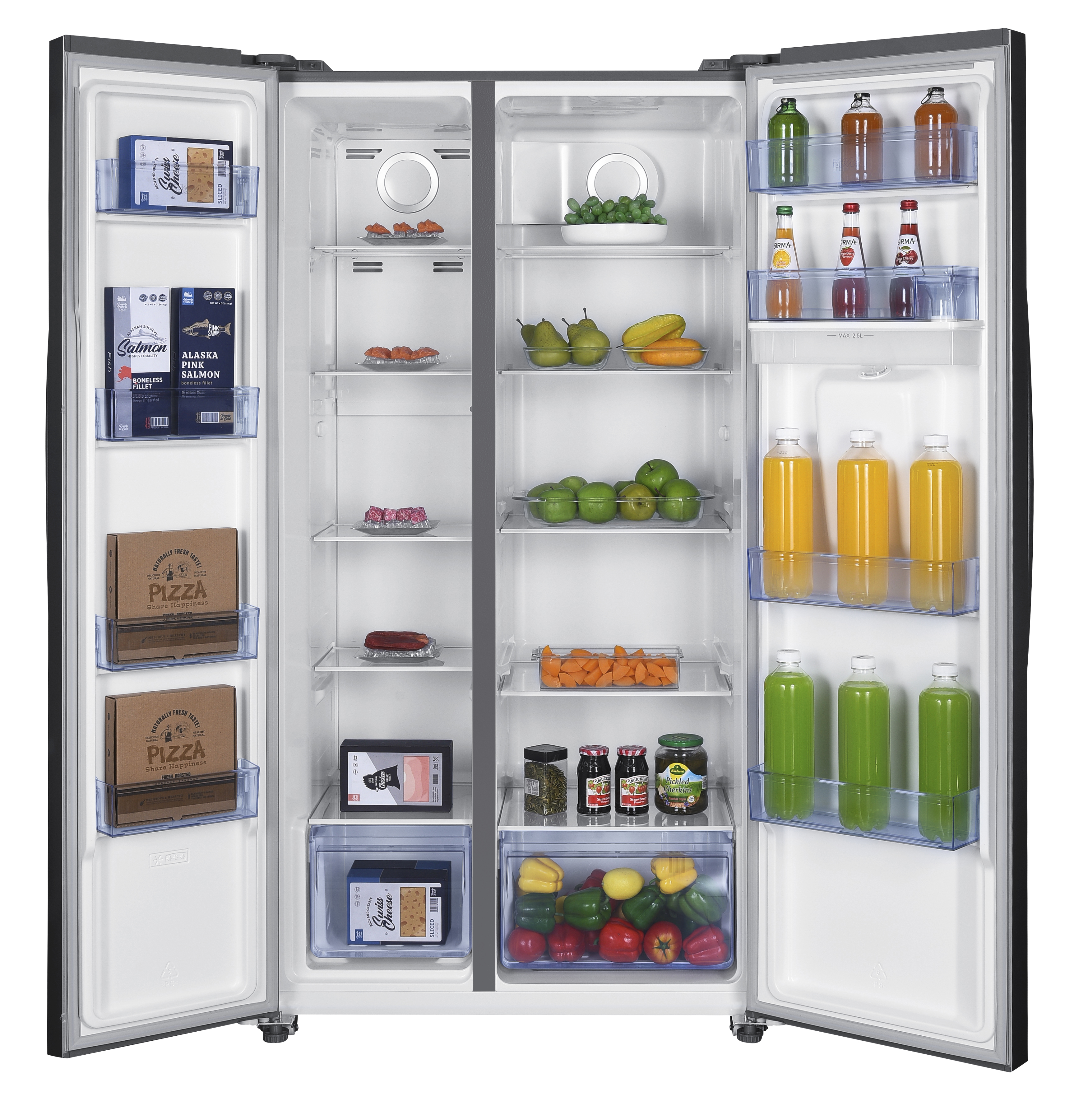 Offener Edelstahlkühlschrank, gefüllt mit verschiedenen Lebensmitteln, darunter Obst, Gemüse, Getränke und verpackte Waren.