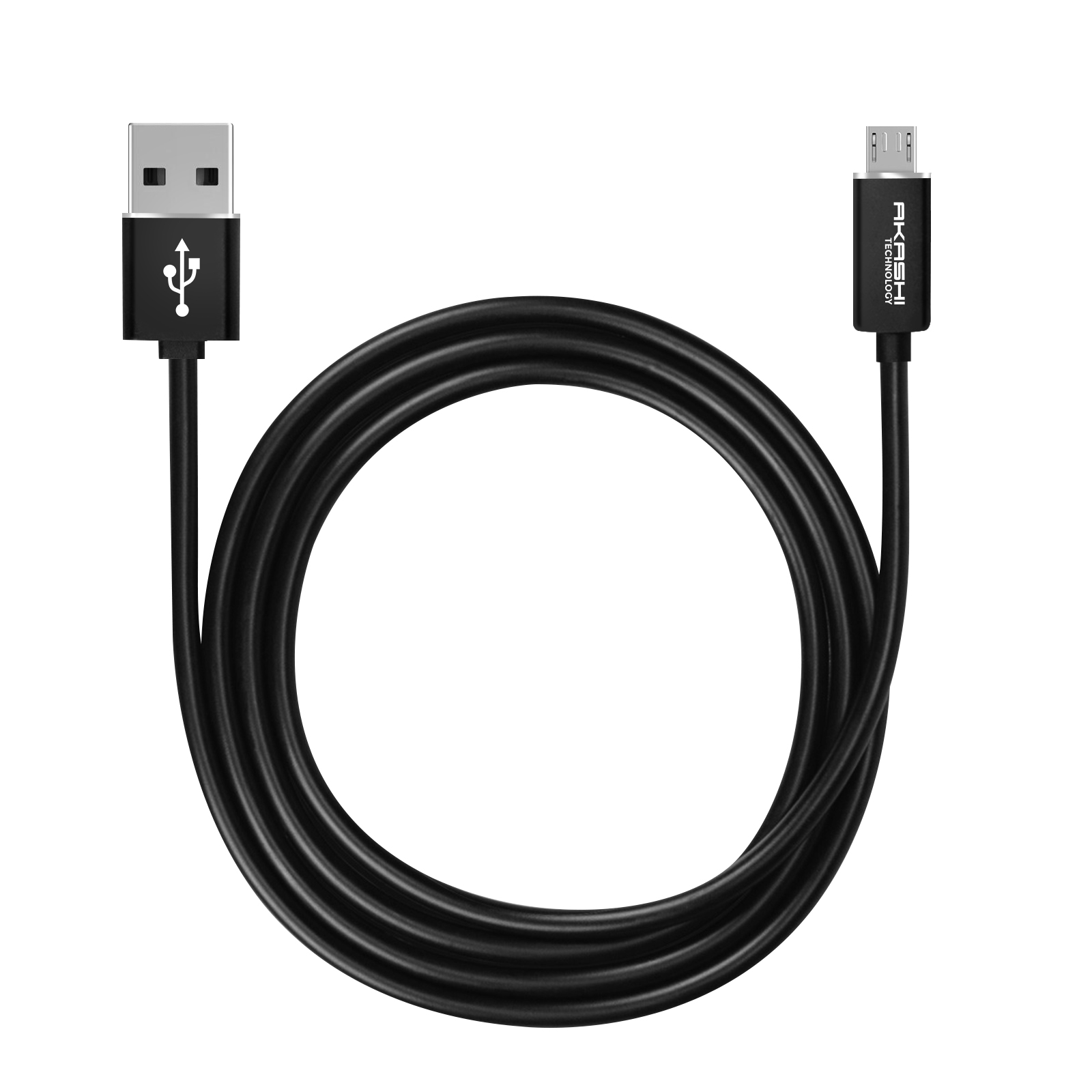 Un cavo USB nero con connettori USB-A e micro-USB, arrotolato in un cerchio su sfondo bianco.