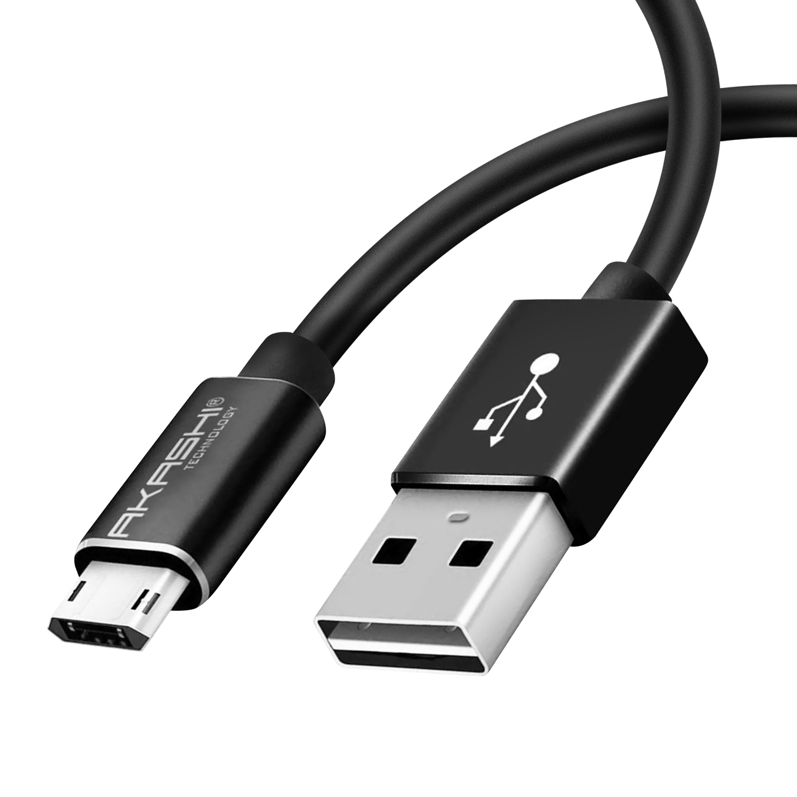 Cavo USB nero con connettore micro-USB e USB. Il marchio AKASHI è stampato sull'estremità micro-USB.