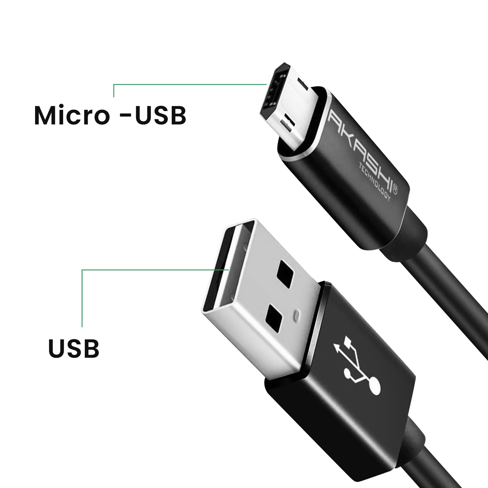 Primo piano di un cavo USB nero con connettore micro-USB e USB. AKASHI e un simbolo sui connettori.