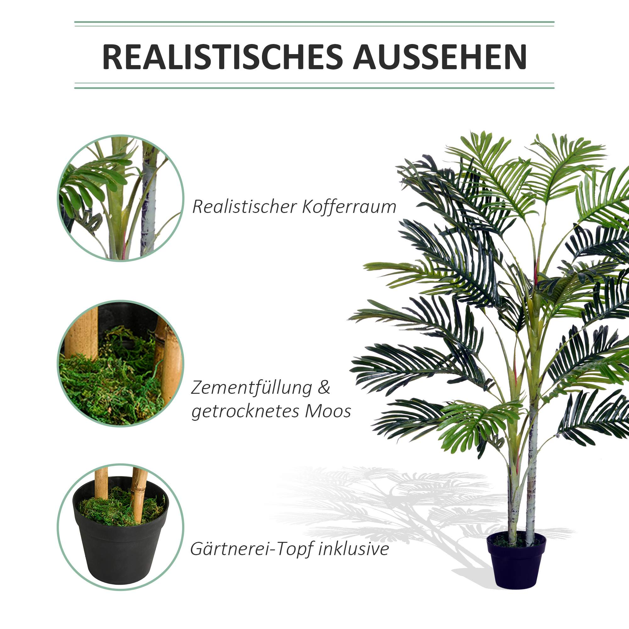 Nahaufnahme einer künstlichen Palme mit Details zum Stamm und Topf.