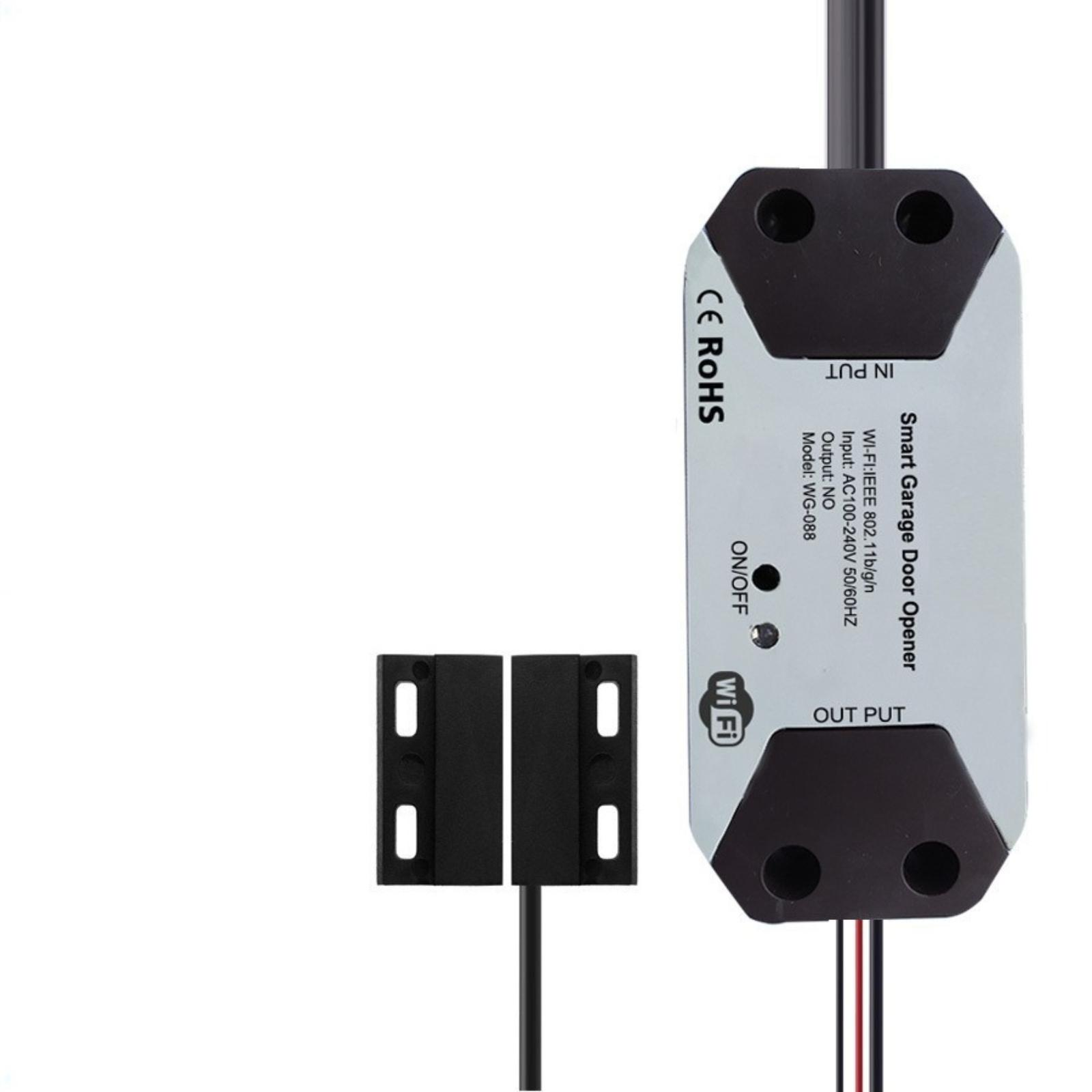 Ein weiß-grauer Smart-Garagentoröffner mit WLAN-Konnektivität und einem Sensor.