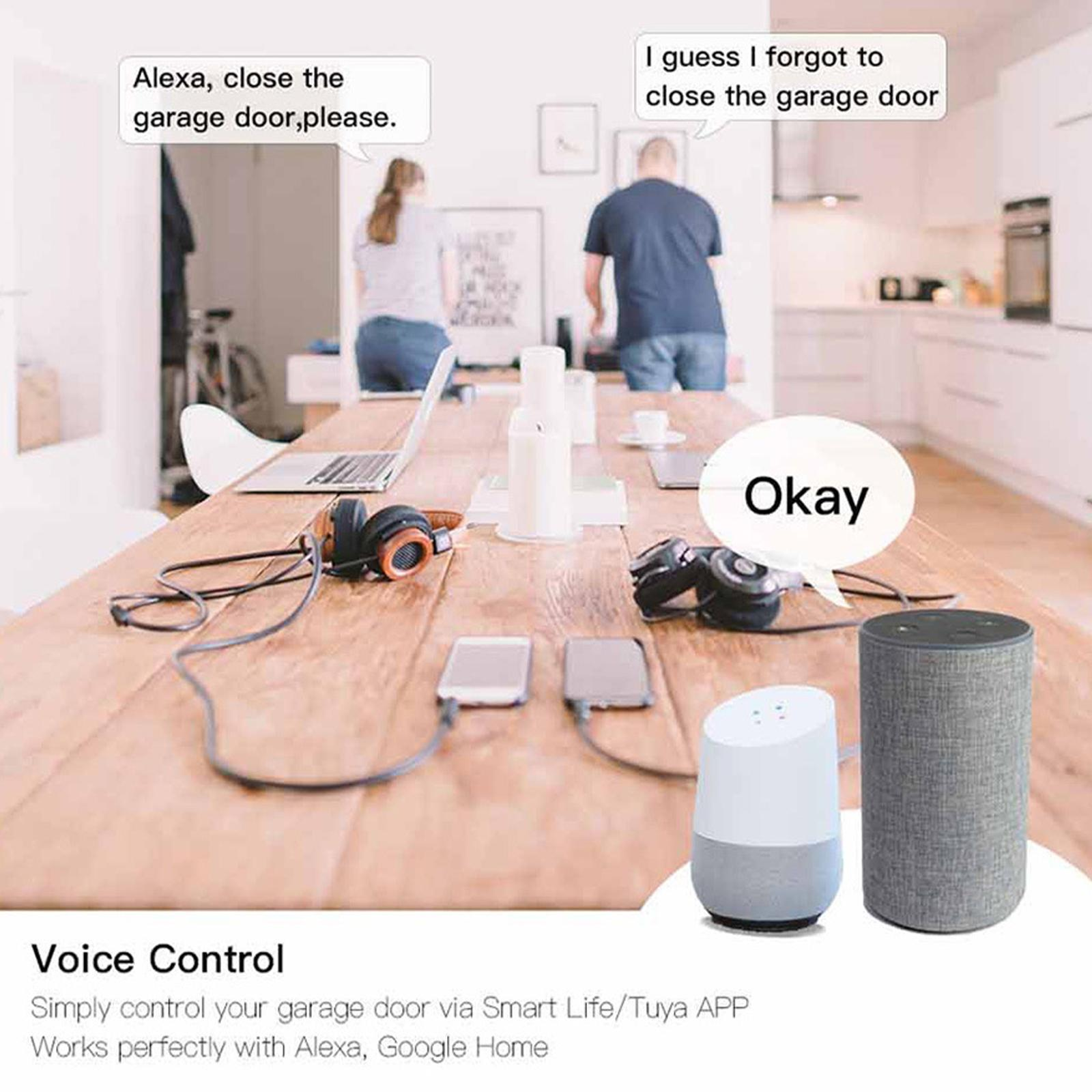 Menschen in einer Küche; ein Sprachassistent und ein Smart-Home-Setup. Text sagt: 'Alexa, schließ die Garage'.