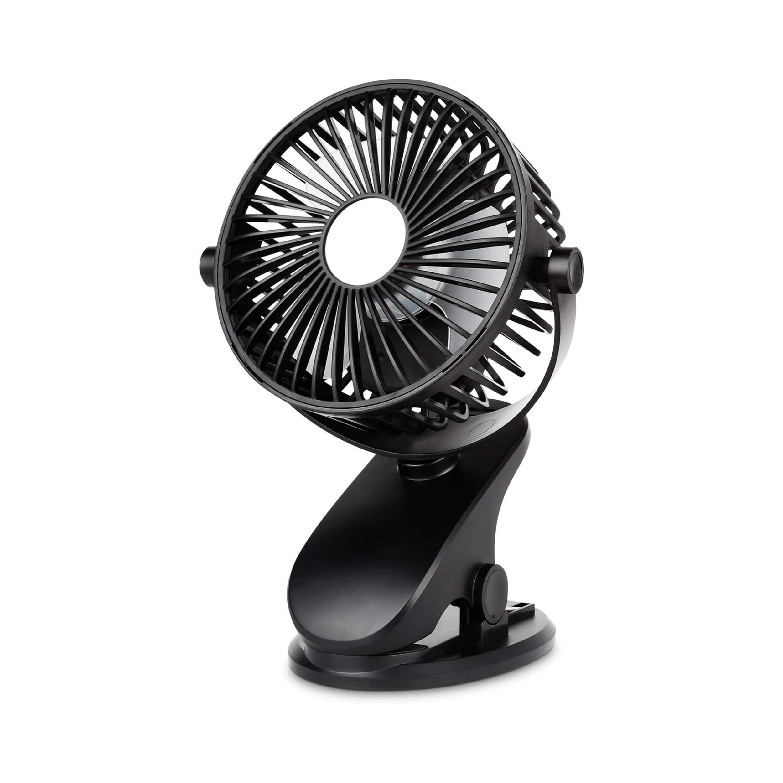 Ein schwarzer tragbarer Ventilator mit Clip-On-Basis, nach oben gerichtet, vor weißem Hintergrund.
