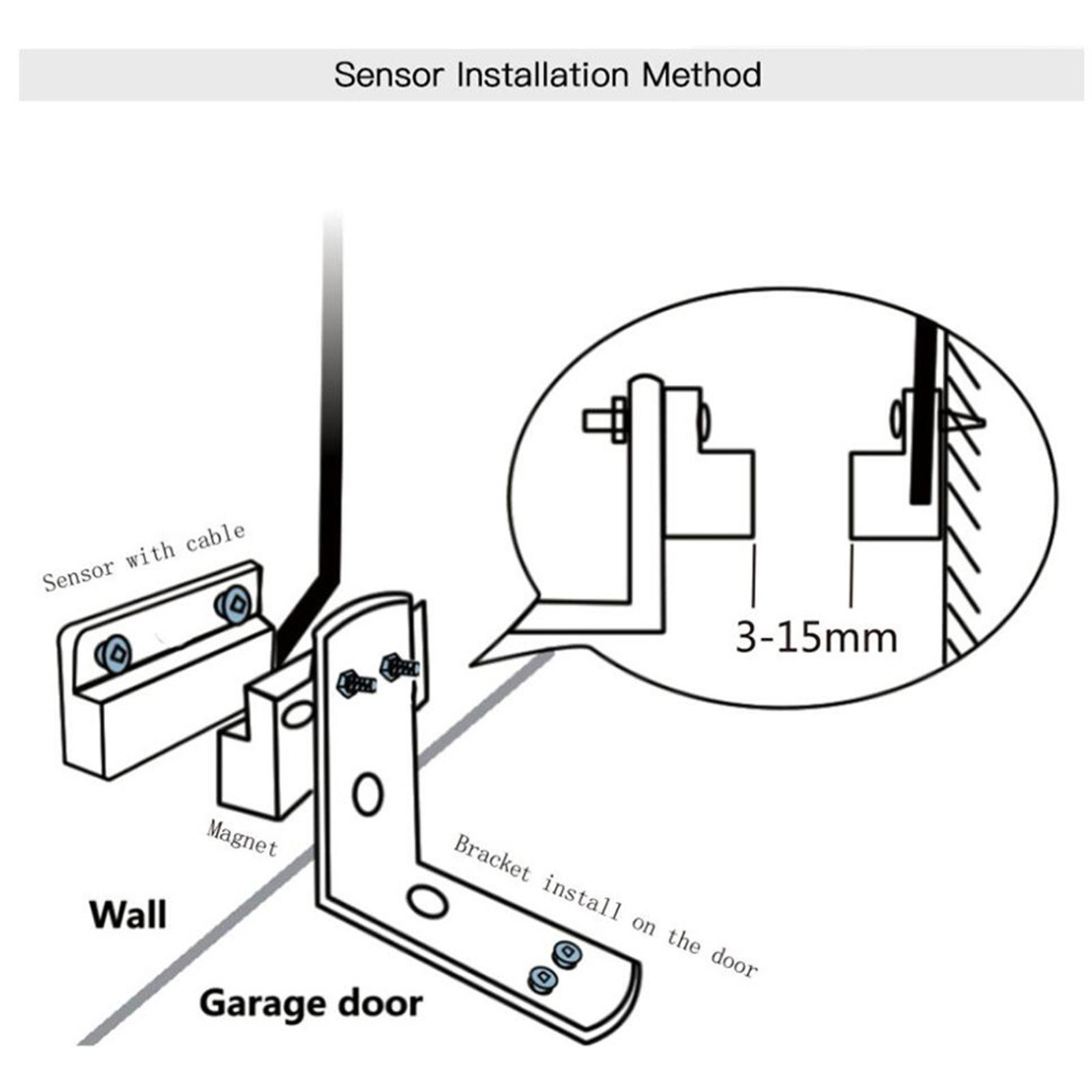 Illustration der Sensorinstallationsmethode für einen Garagentoröffner, mit Diagrammen.