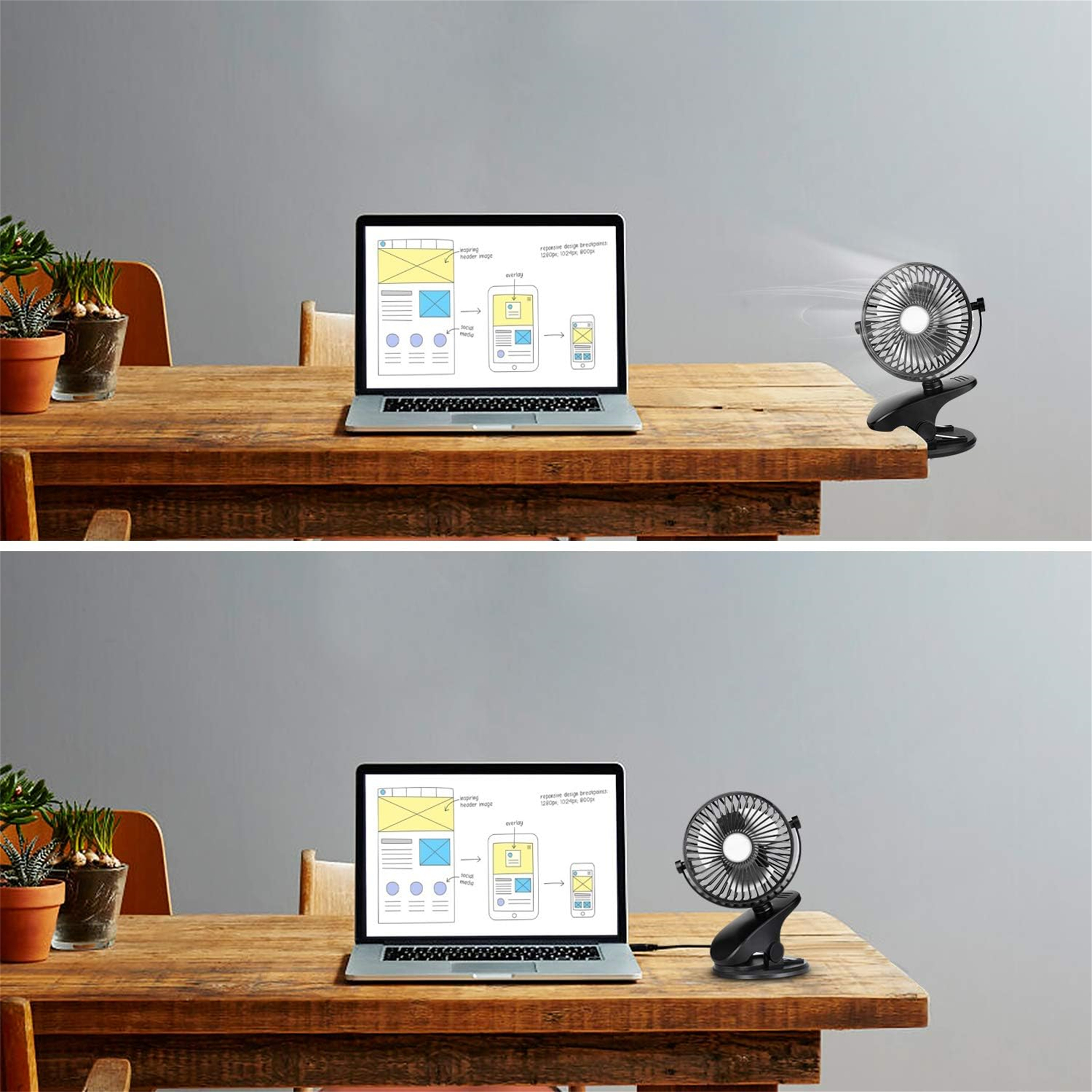 Zwei Bilder. Ein Laptop mit Website-Design, ein Ventilator bläst Luft darauf und der Ventilator ist eingesteckt.