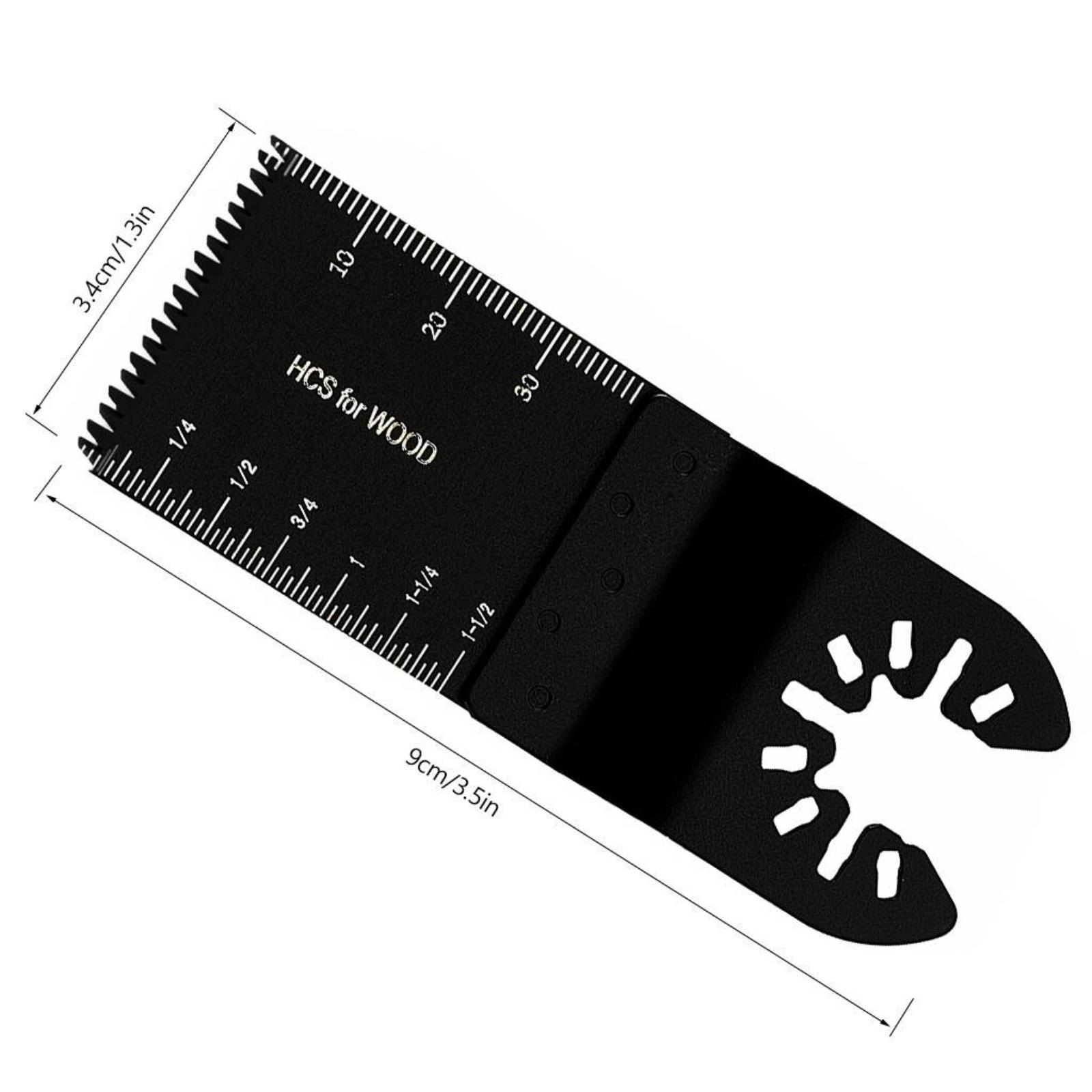 Ein schwarzes Multitool-Messer mit Messungen. Es hat einen halbkreisförmigen Ausschnitt am Ende.