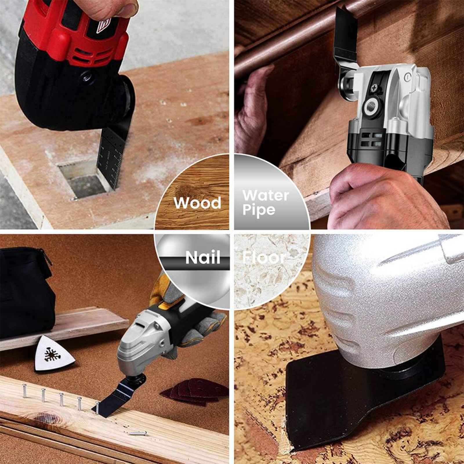 Bilder, die die Verwendung einer Multitool-Klinge auf Holz, Wasserrohr, Nagel und Boden zeigen.