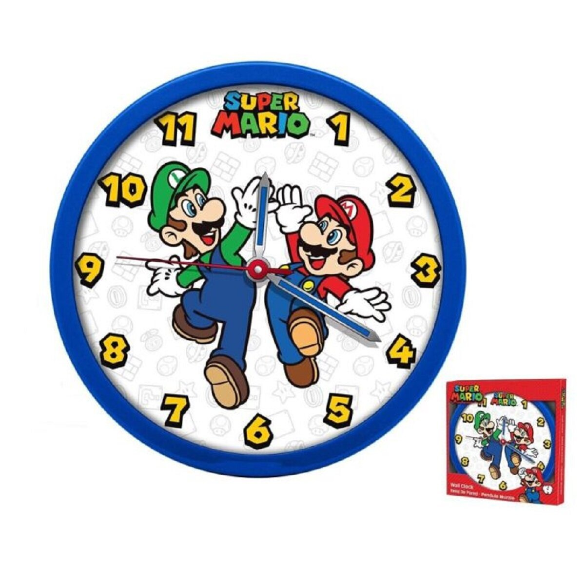 Zegar Super Mario z postaciami Mario i Luigiego. Zegar ma niebieską ramę i białą tarczę.