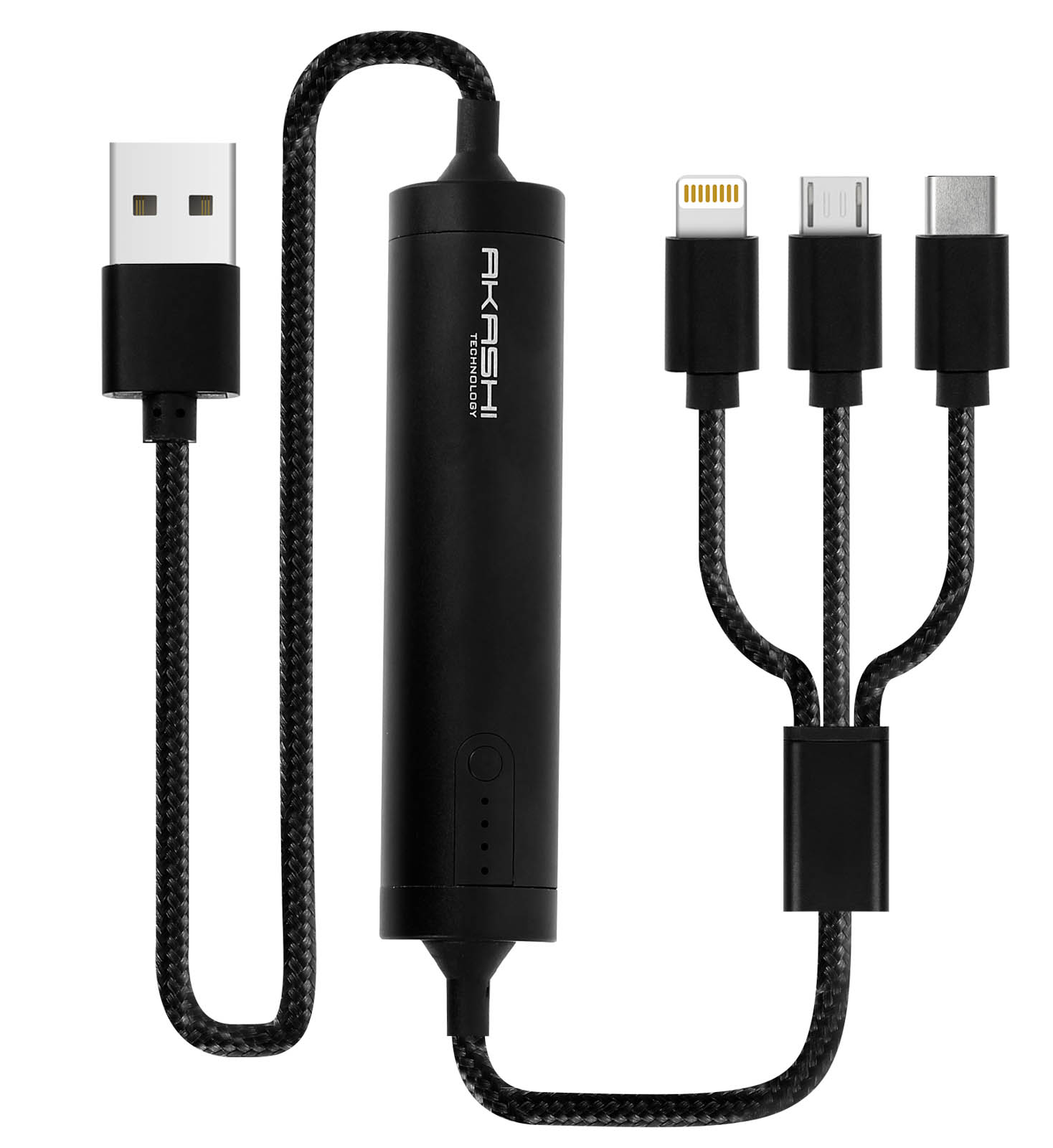 Cable de carga negro con conectores USB, Lightning, Micro-USB y Tipo-C.