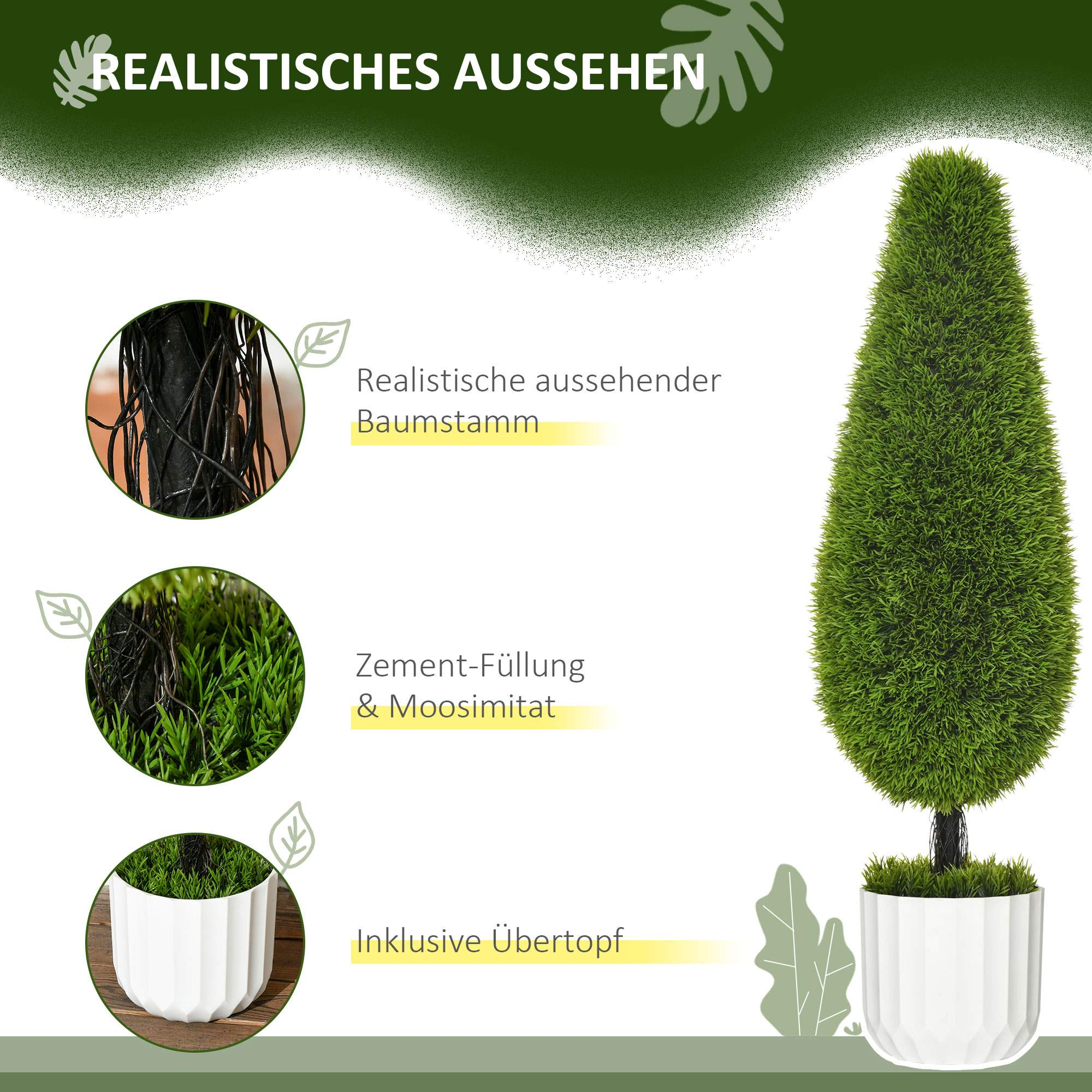 Diagramm, das einen Baum in einem weißen Topf zeigt, mit Nahaufnahmen seiner Teile.