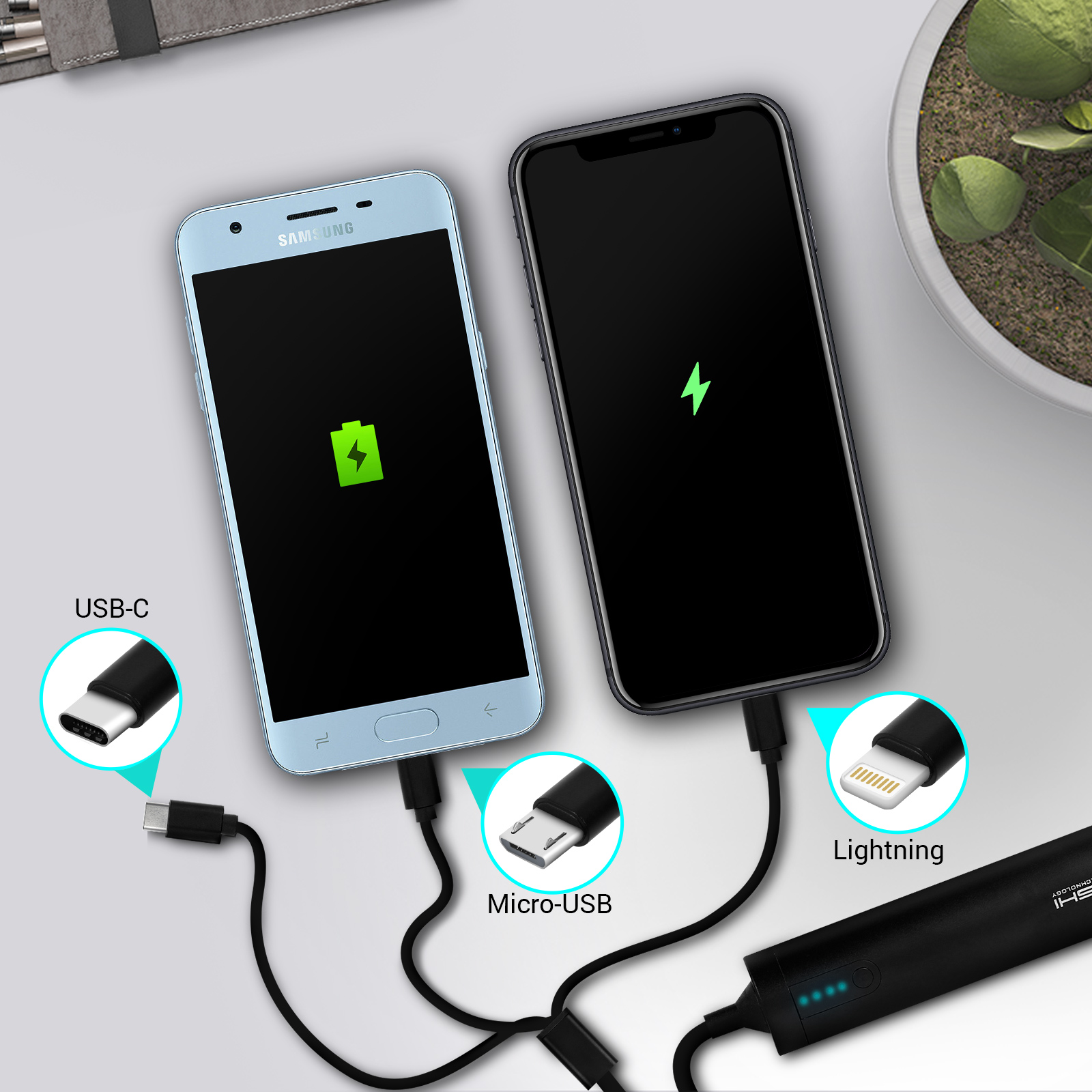 Dos teléfonos cargando, uno con USB-C, uno con Lightning y Micro-USB.