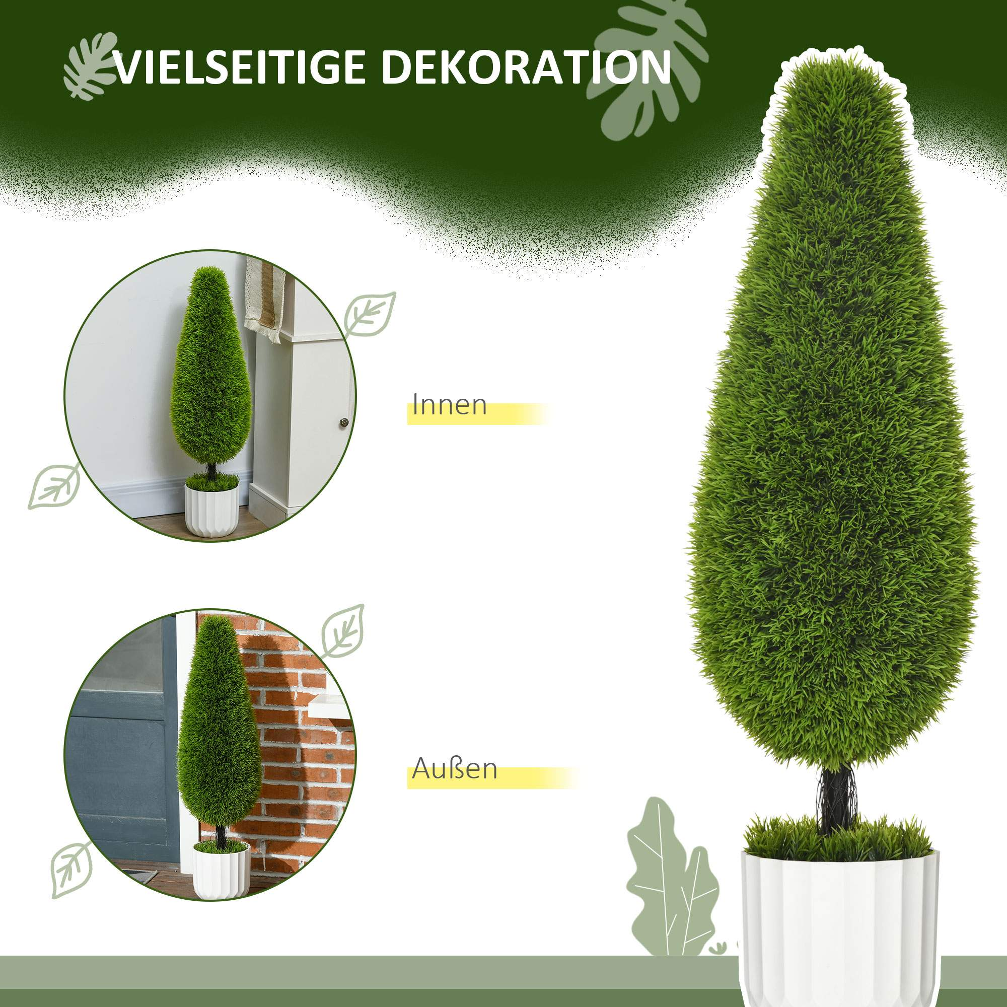 Ein grüner Formschnittbaum in einem weißen Topf. Gezeigt in zwei Umgebungen: drinnen und draußen.