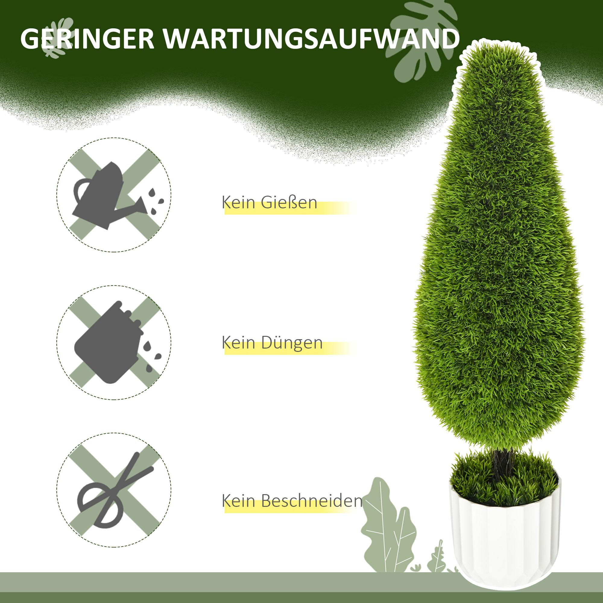 Bild zeigt einen Formschnittbaum mit Text, der besagt, dass er kein Gießen, Düngen oder Beschneiden benötigt.