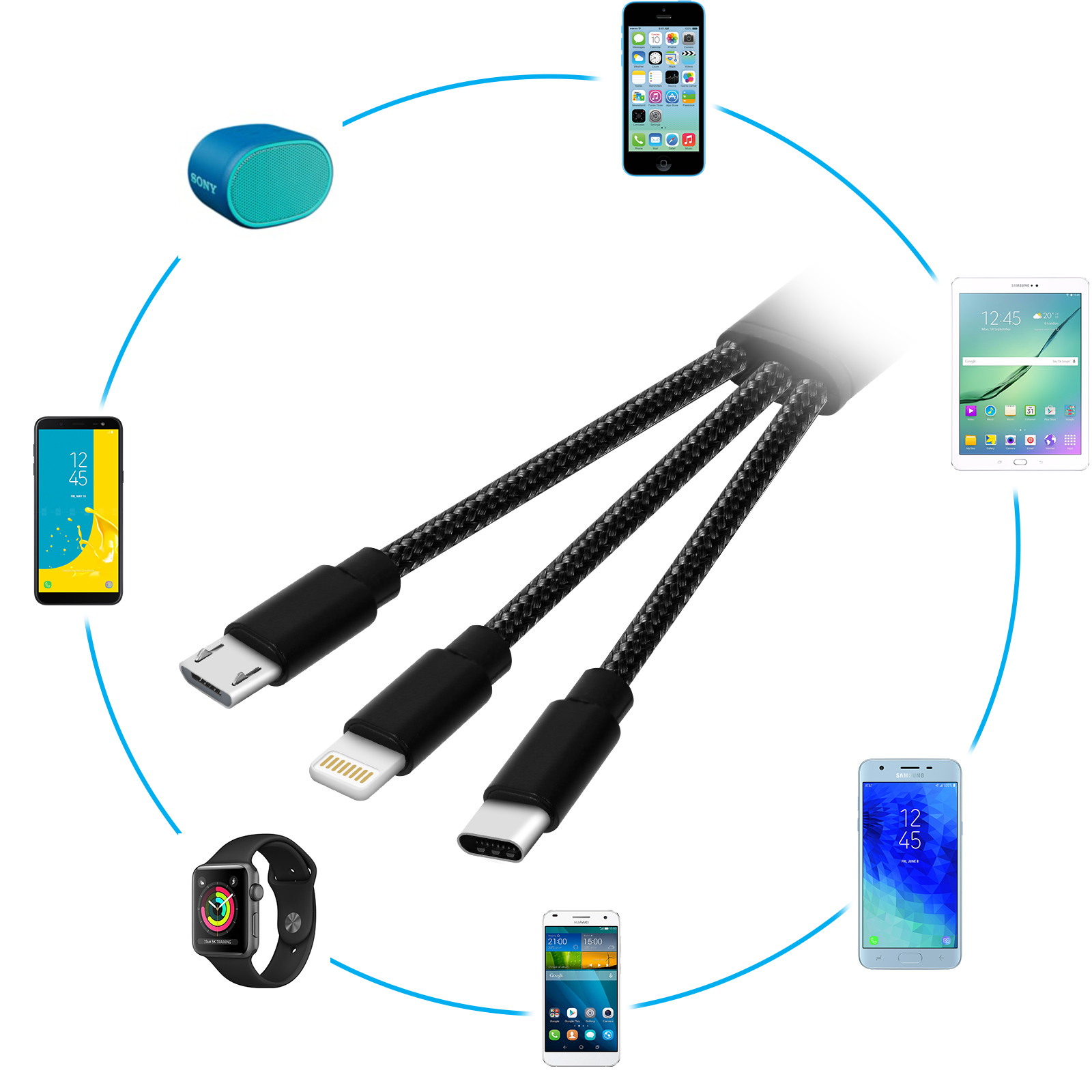 Un cable de carga con múltiples conectores alrededor de varios dispositivos.