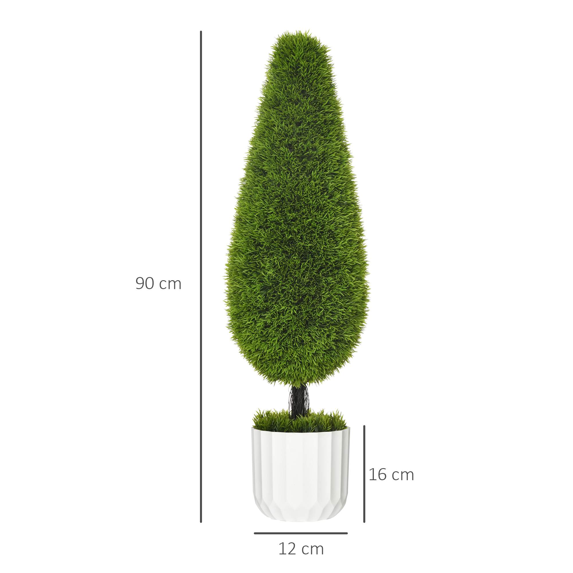 Ein grüner Formschnittbaum in einem weißen, facettierten Topf. Maße: 90 cm Höhe, 16 cm Topfhöhe, 12 cm Breite.