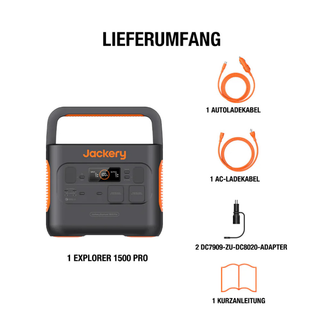 Das Bild zeigt eine Powerstation mit Kabeln und einem Handbuch. Der Text lautet 'Lieferumfang' und Produktinformationen.