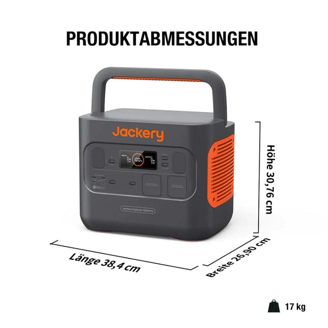 Eine Jackery Explorer 1500 Pro Powerstation wird angezeigt. Abmessungen: Länge 38,4 cm, Breite 26,90 cm, Höhe 30,76 cm.