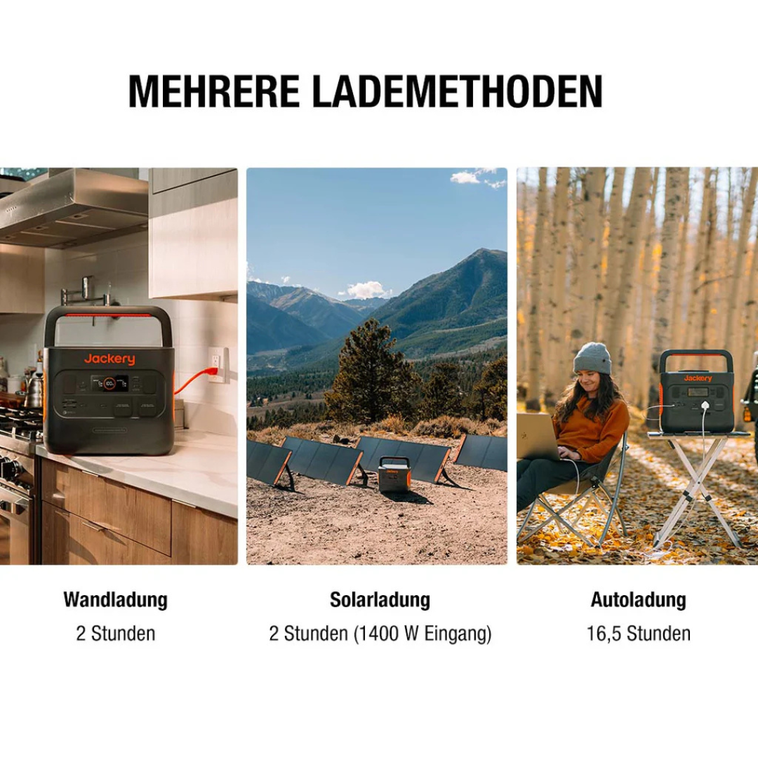 Drei Bilder: Wandladung, Solarladung und Autoladung. Jedes zeigt eine Jackery Powerstation mit Ladedetails.