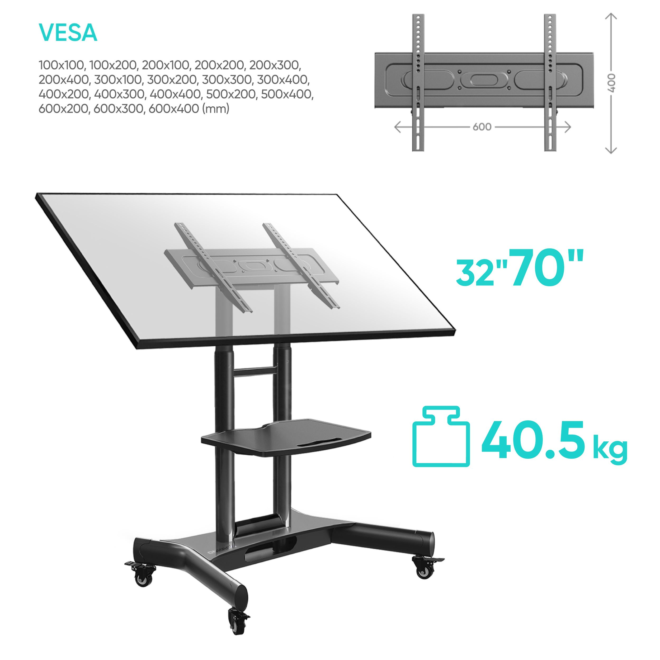 Stojak TV z ekranem 32-70 cale. Pokazano szczegóły VESA. Posiada kółka i wytrzymuje 40.5 kg.