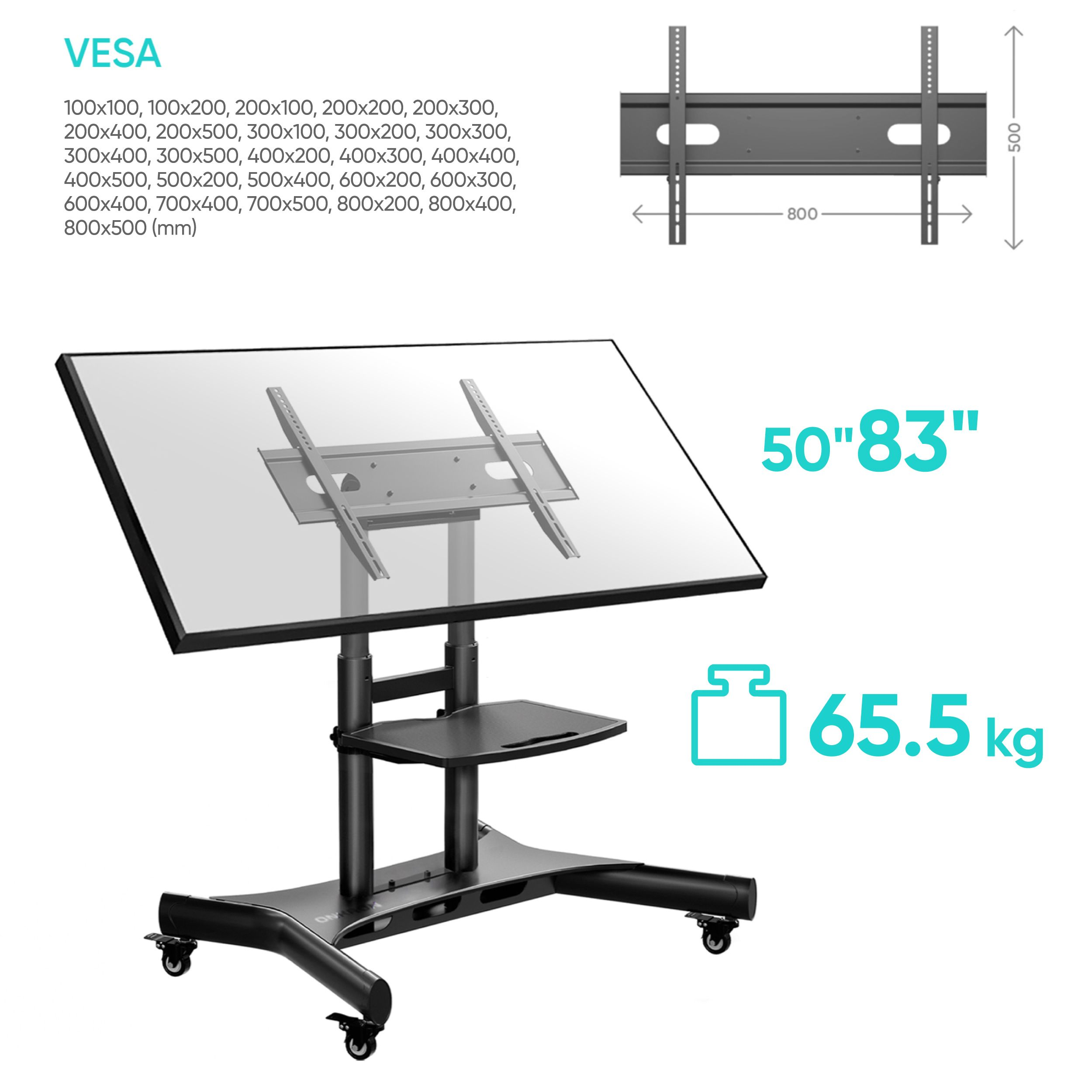 Supporto TV con schermo da 50-83 pollici. Dettagli VESA mostrati. Con ruote e supporta 65,5 kg.