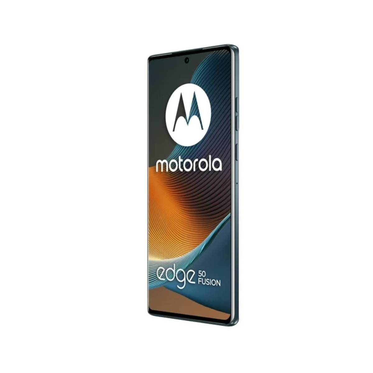 Telefon Motorola Edge 50 Fusion. Czarna ramka z ekranem z logo Motorola i gradientowym tłem.