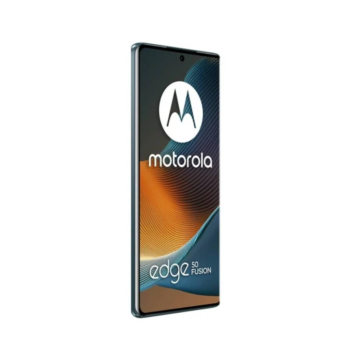 Telefon Motorola Edge 50 Fusion. Widok z boku. Czarna ramka z ekranem z logo Motorola i gradientem.