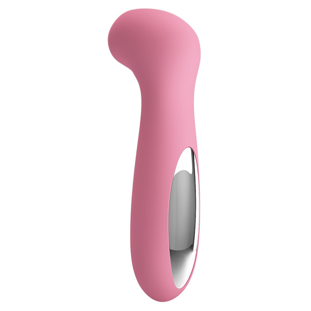 Ein rosa Sexspielzeug. Es hat eine gebogene Form und einen silbernen Akzent.