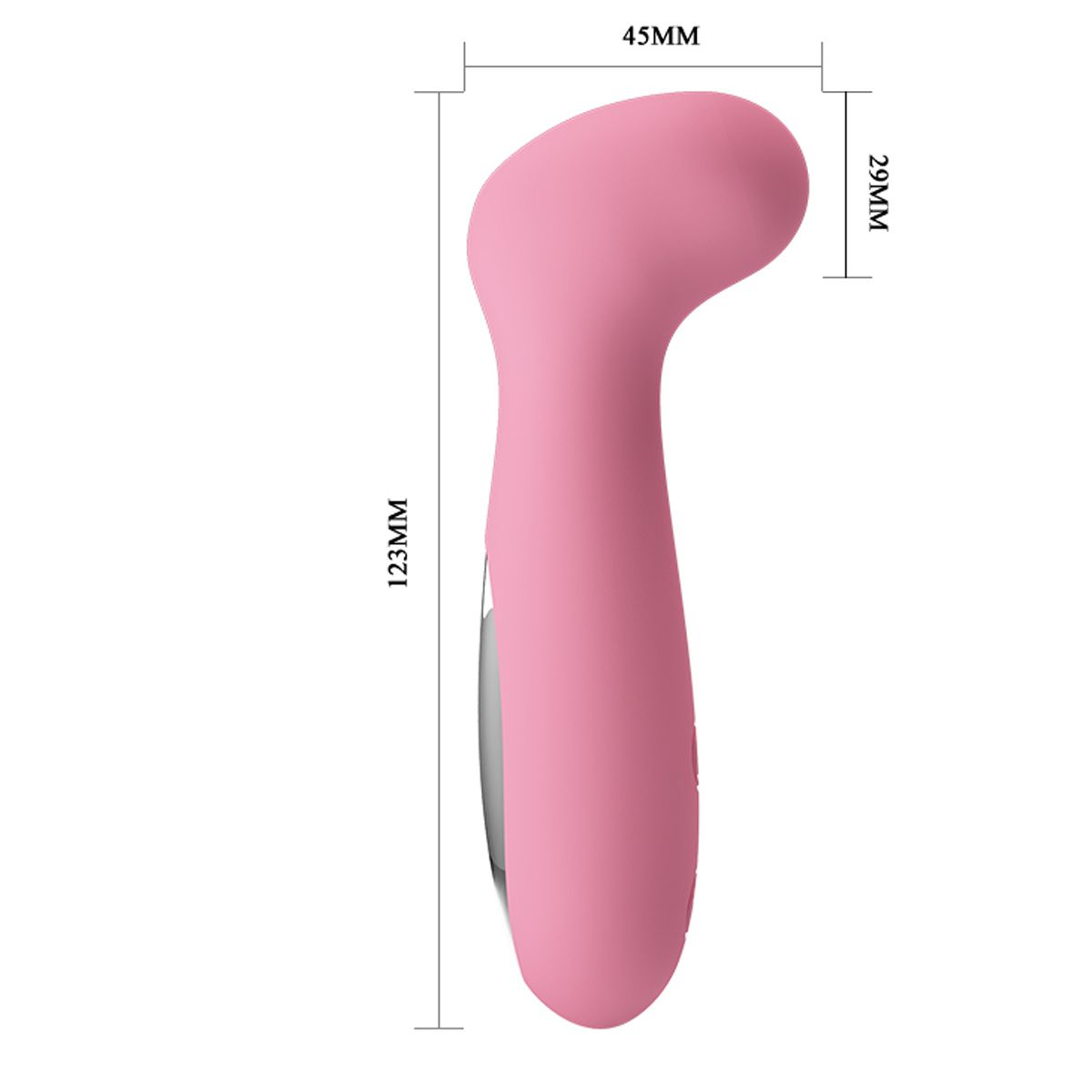 Rosa Vibrator mit Abmessungen. Es hat einen gebogenen Kopf und einen länglichen Körper.