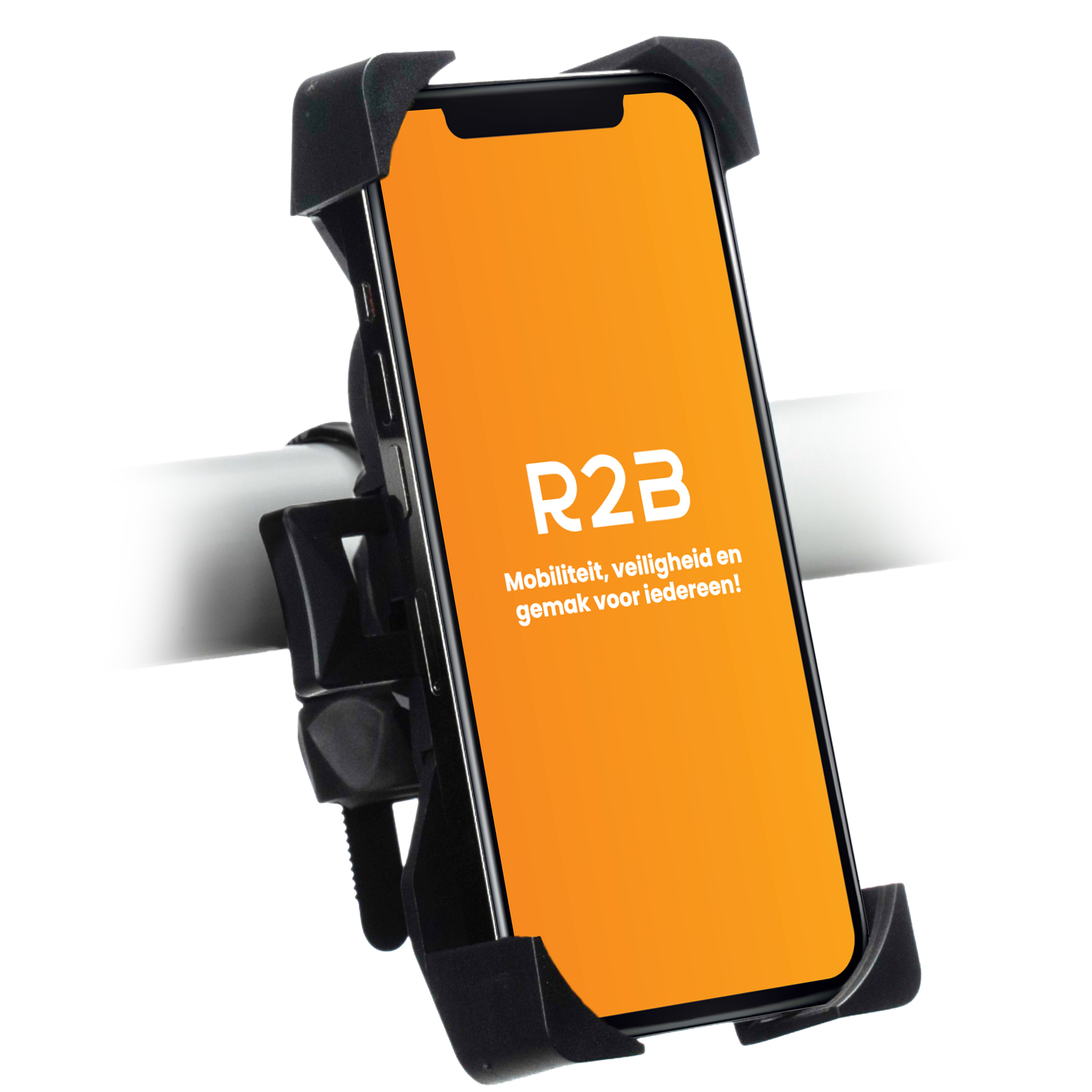 Telefoon gemonteerd op een stuur. Het scherm toont een logo en tekst. De houder is van zwart plastic.